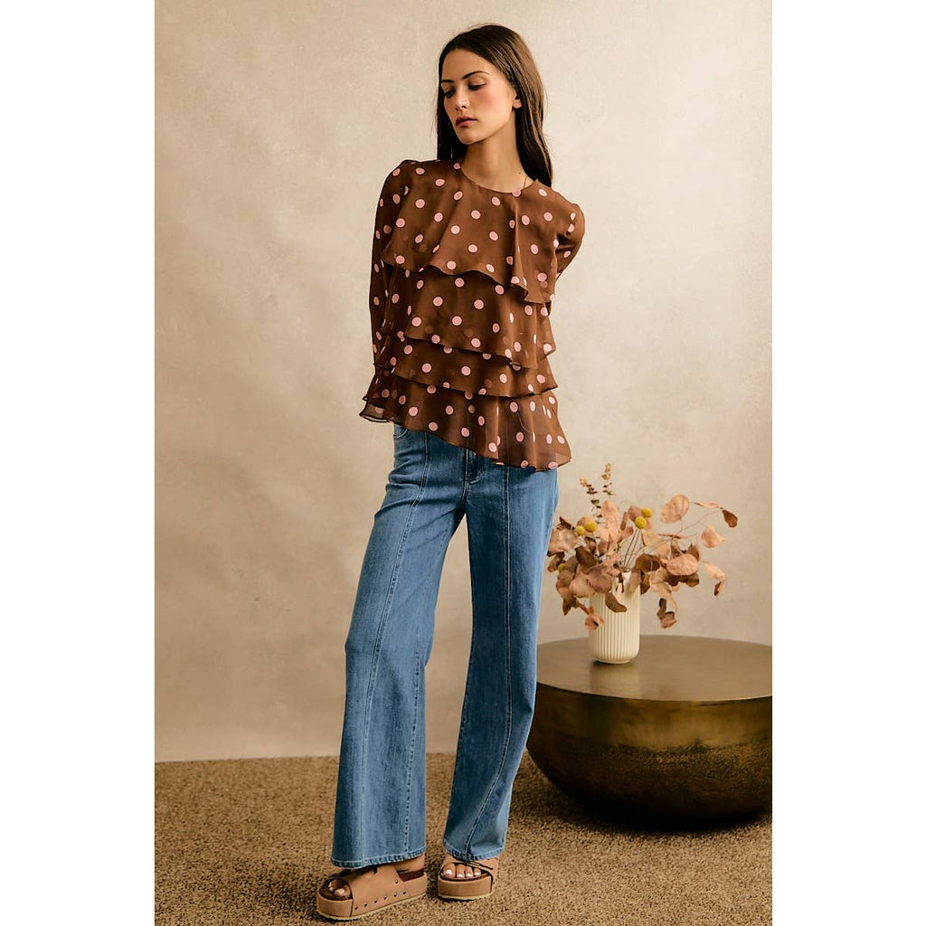 POLKA DOT PRINT RUFFLE BLOUSE: BROWN/PINK / S
