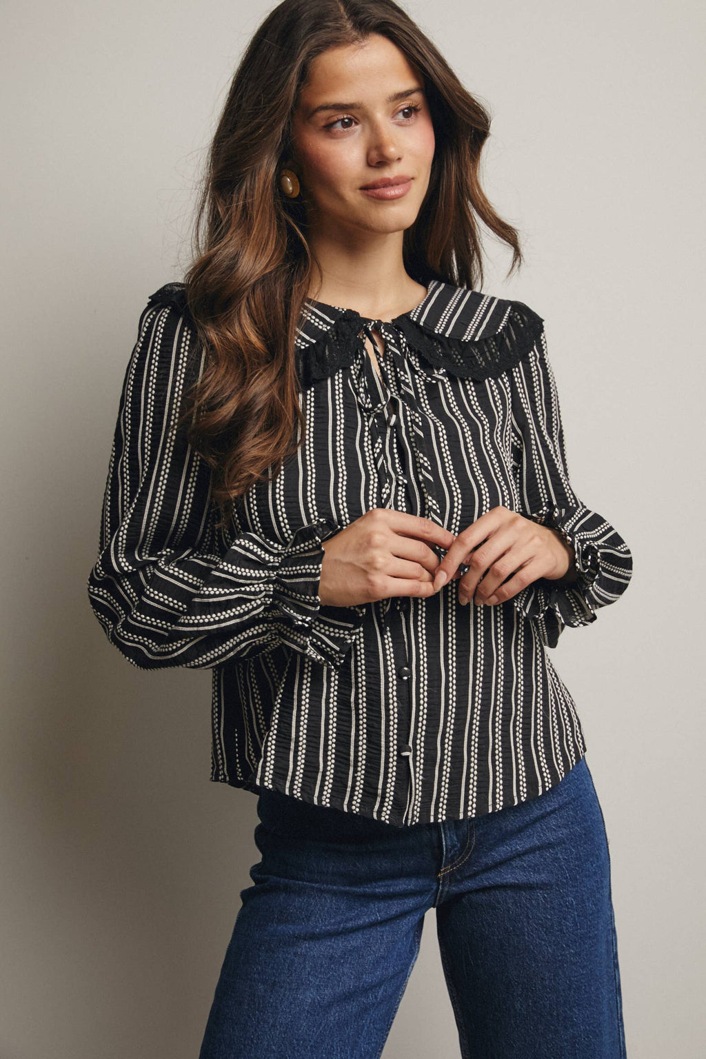Black Embroidered Collar Textured Blouse