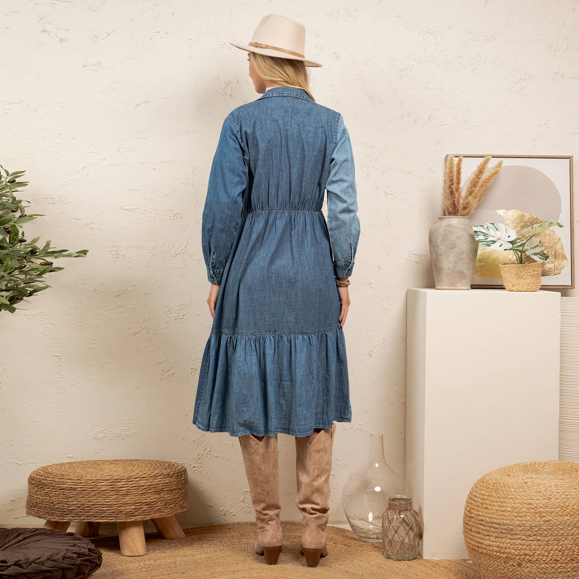 Vintage Bohemian Tiered Midi Dress - Boho Eyelet NEW: GRAVEL / REGULAR (S-M-L-XL 2-2-2-1)