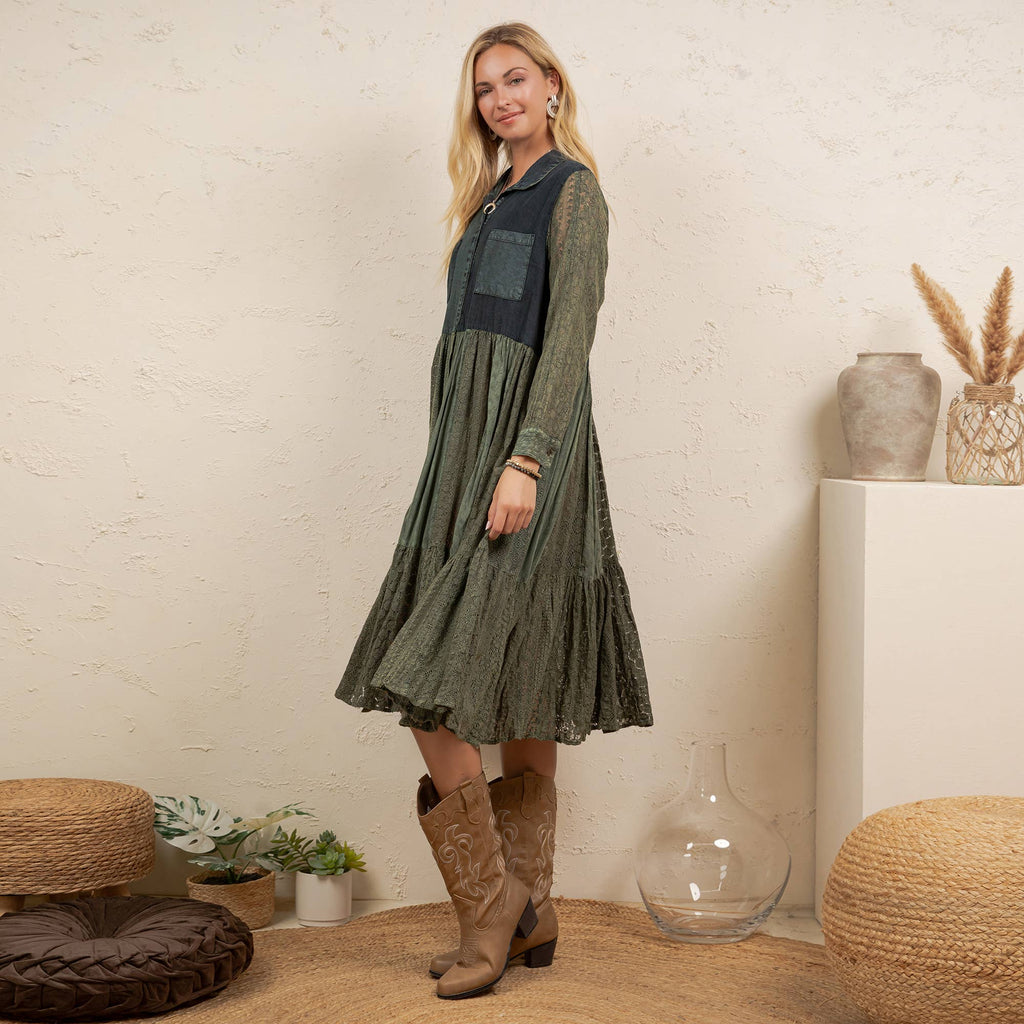Vintage Bohemian Tiered Midi Dress - Boho Eyelet NEW: GRAVEL / REGULAR (S-M-L-XL 2-2-2-1)