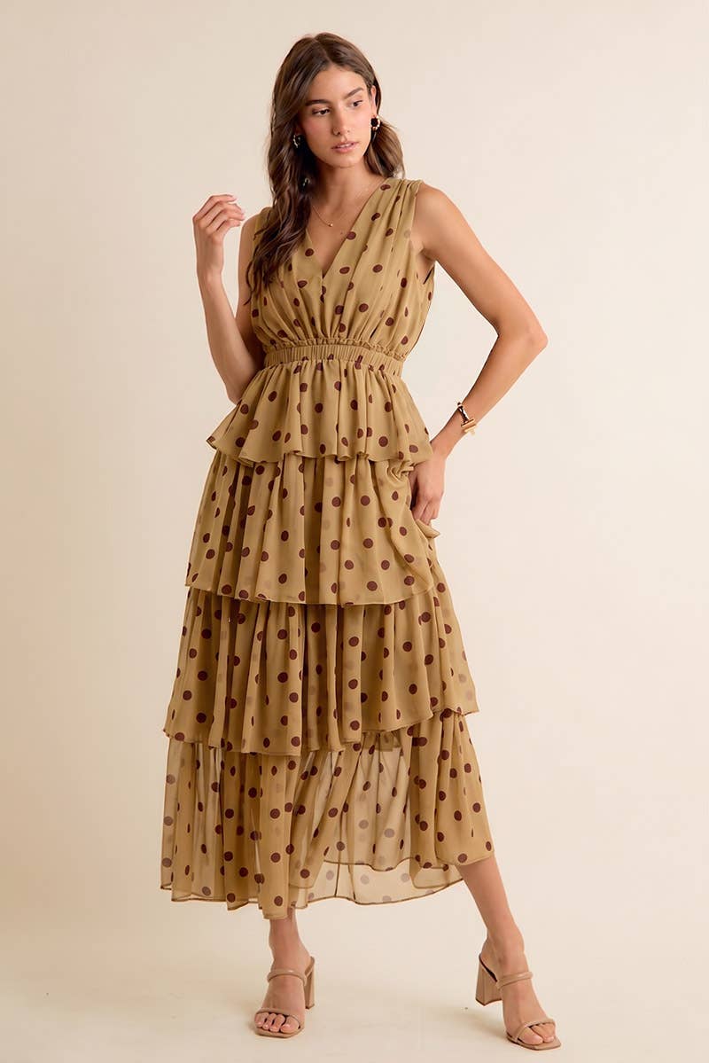 POLKA DOT CHIFFON TIERED MAXI LINED SLEEVELESS DRESS: BROWN/PINK / S