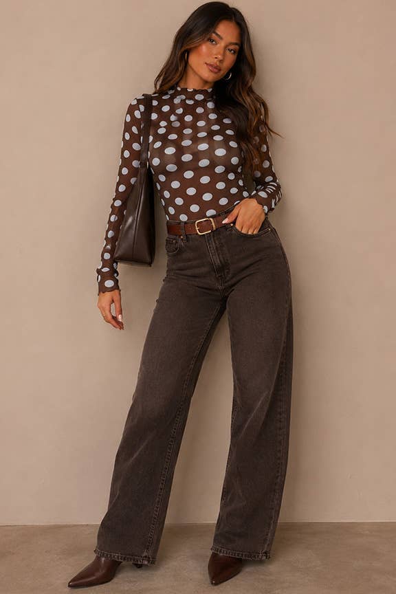 Polka Dot Mesh Lettuce Edge Top: Burgundy/ivory / M