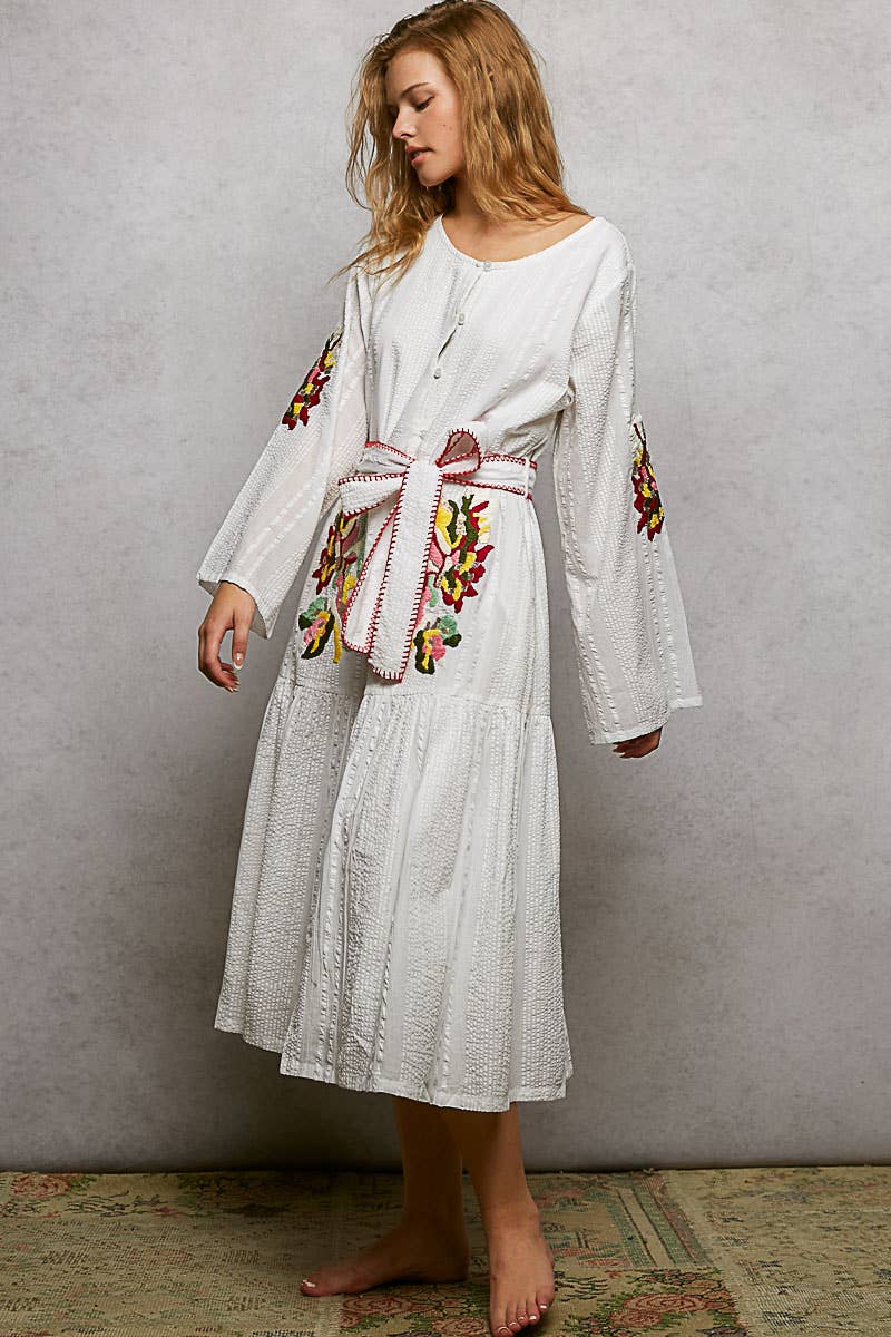 POL Embroidery Pintuck Belt Long Sleeve Roomy Fit Dress OFF WHITE