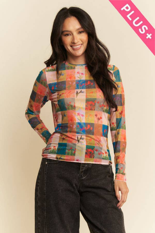 Floral Checker Patchwork Print Mesh Long Sleeve Top Plus Size