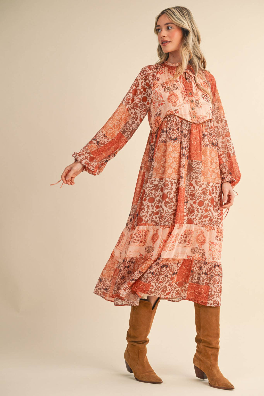 PATCHWORK PRINT MIDI DRESS RUST MULTI FLORAL