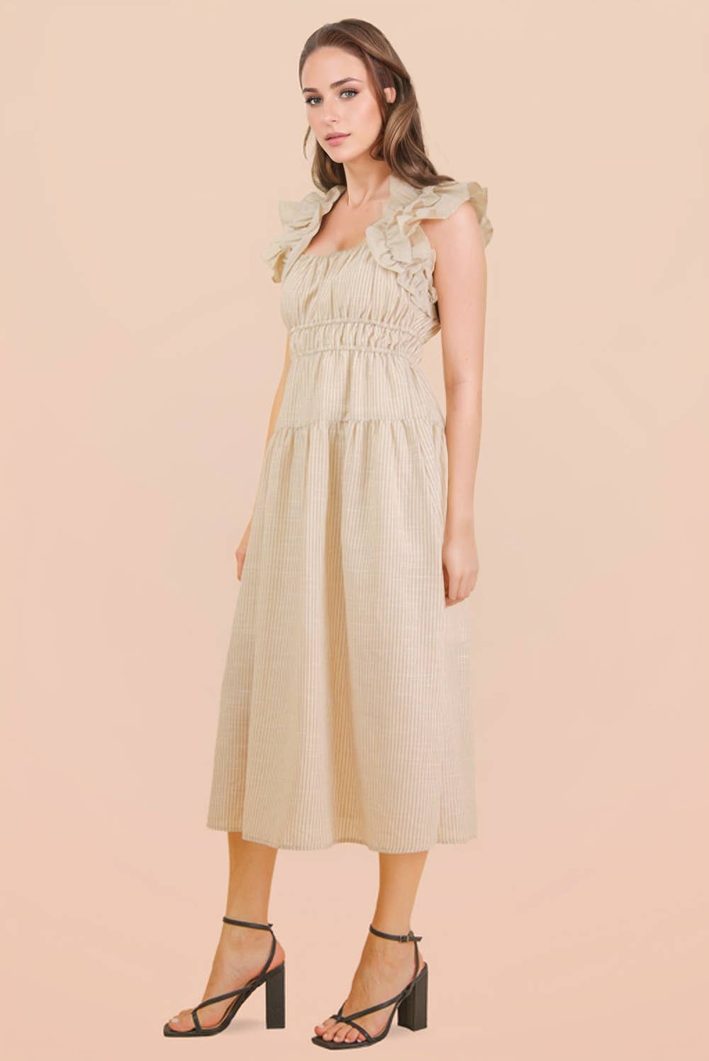 ND32033-Shoulder Ruffle Detail Stripe Midi Dress: GREEN / S-M-L/2-2-2