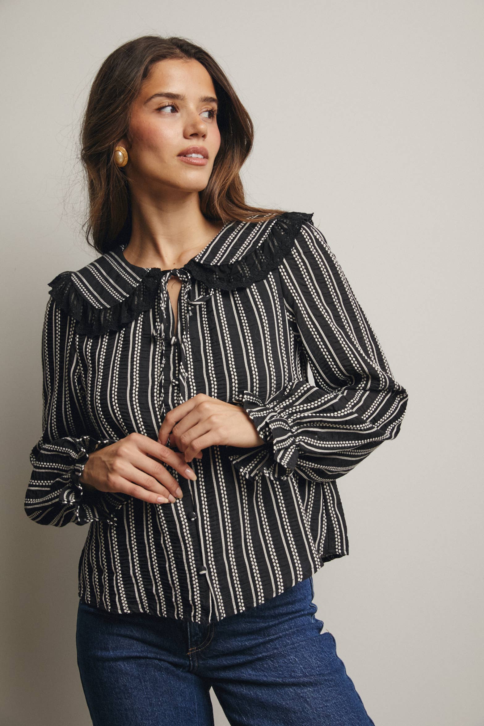Black Embroidered Collar Textured Blouse