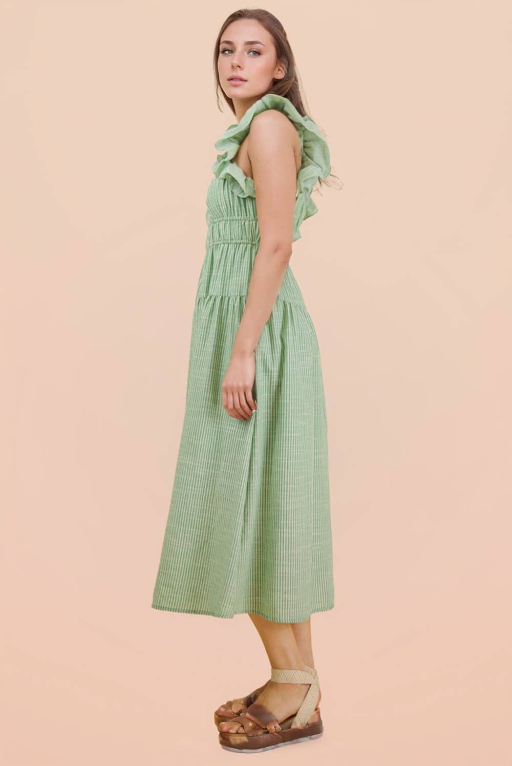 ND32033-Shoulder Ruffle Detail Stripe Midi Dress: GREEN / S-M-L/2-2-2