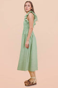 ND32033-Shoulder Ruffle Detail Stripe Midi Dress: GREEN / S-M-L/2-2-2