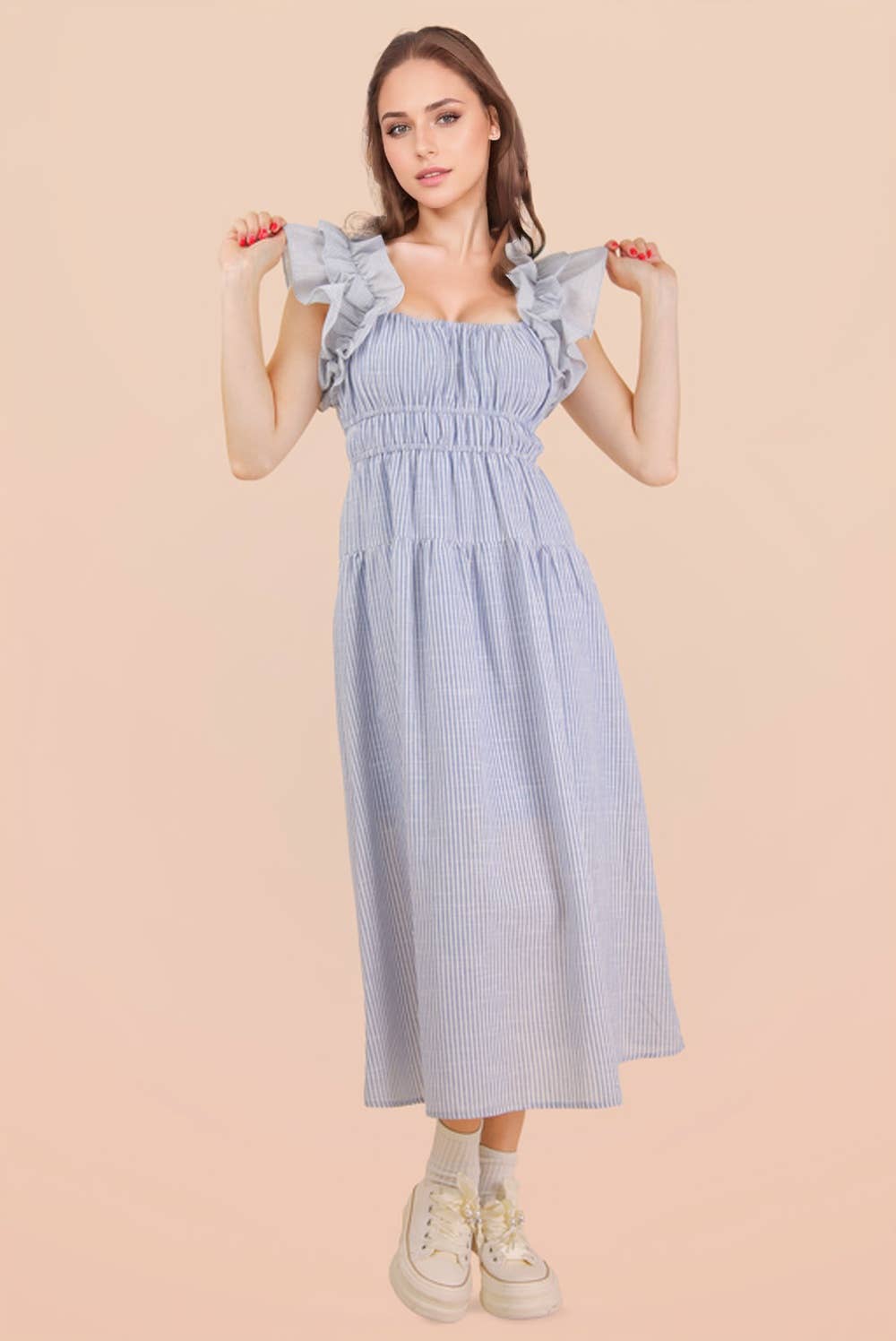 ND32033-Shoulder Ruffle Detail Stripe Midi Dress: GREEN / S-M-L/2-2-2