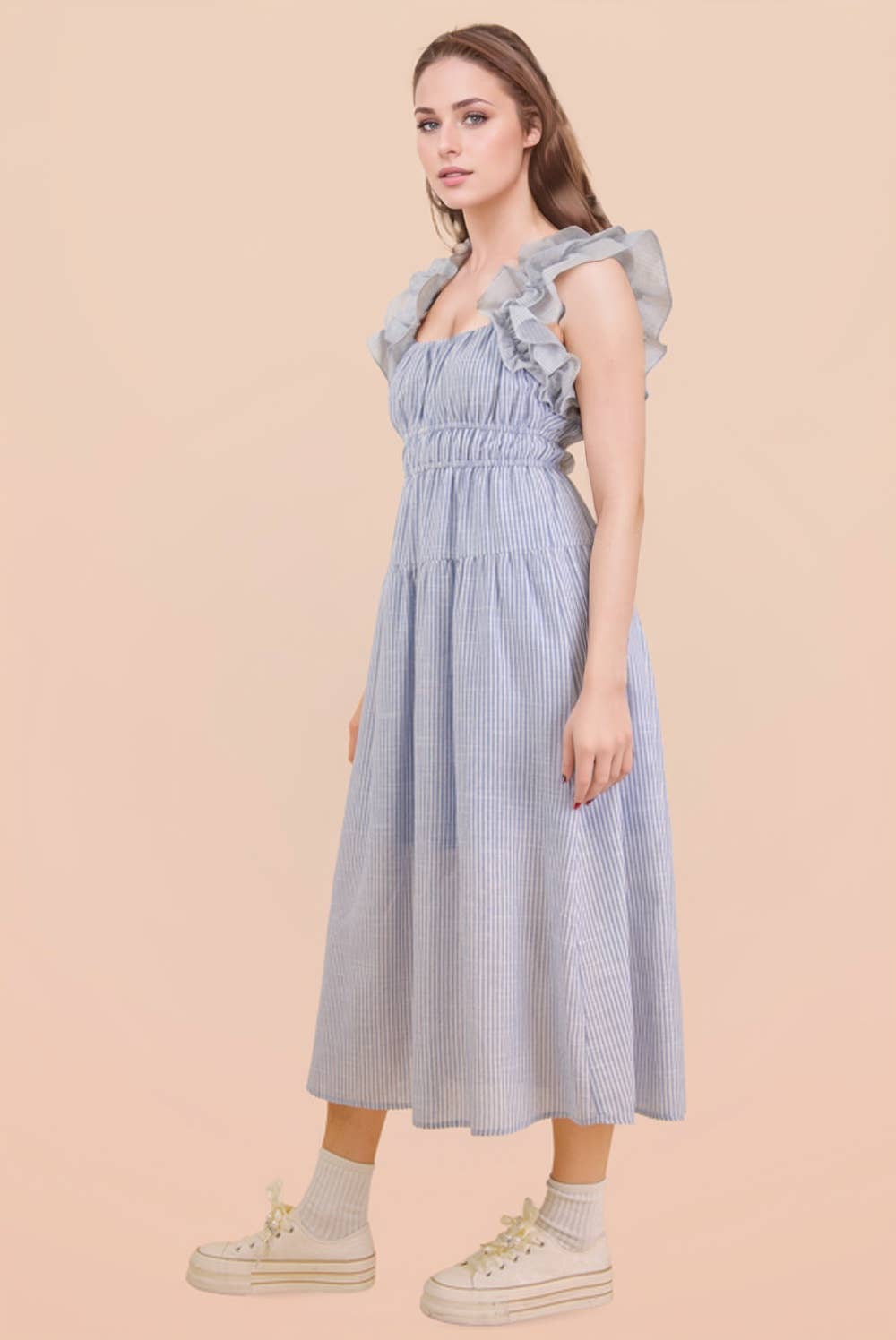 ND32033-Shoulder Ruffle Detail Stripe Midi Dress: GREEN / S-M-L/2-2-2