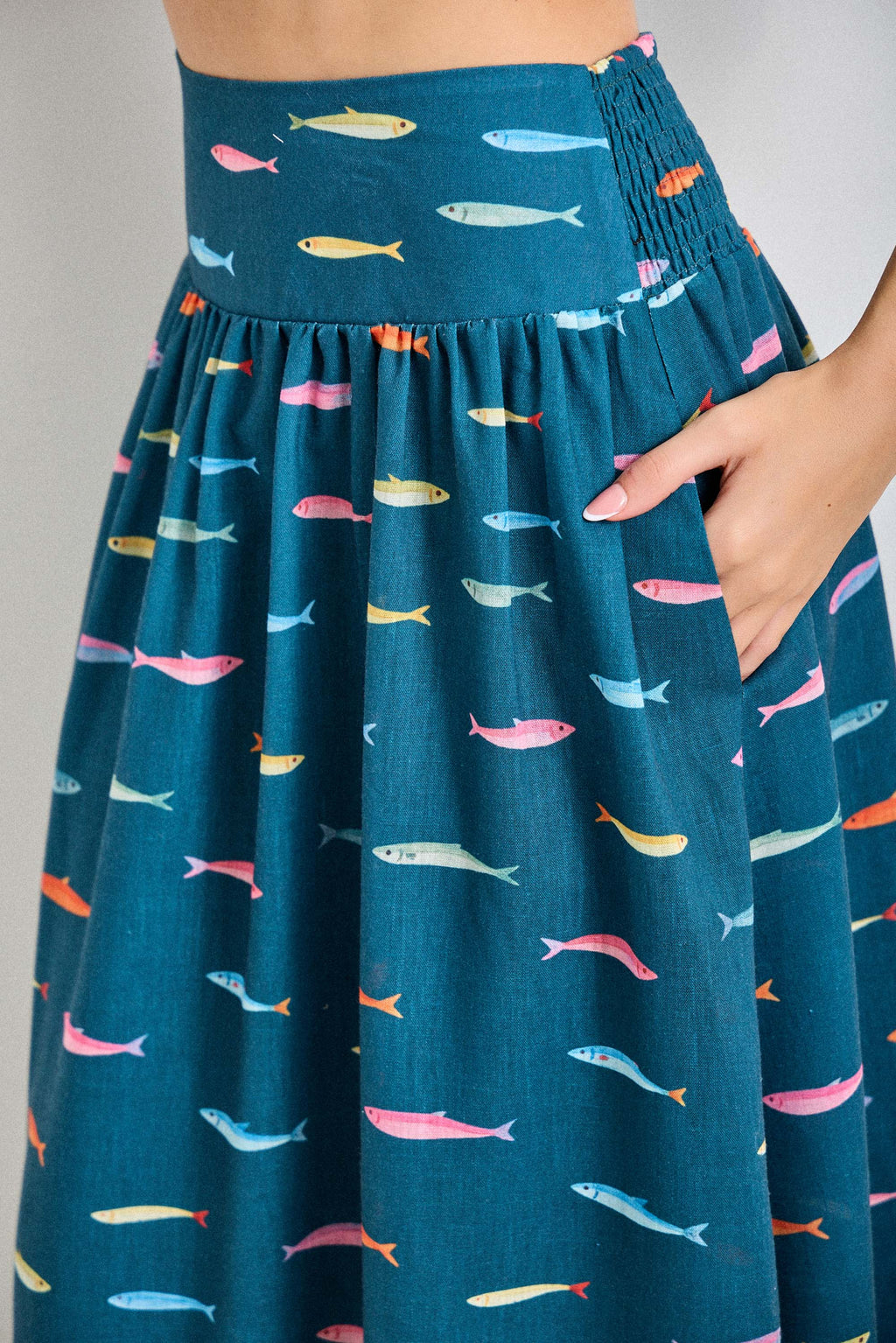 FISH PRINT SMOCKED BACK WAIST MIDI SKIRT TEAL