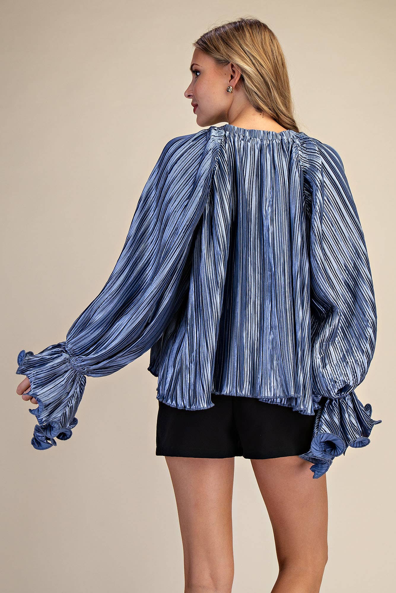 Pleated Full Ruffles Top Slate Blue