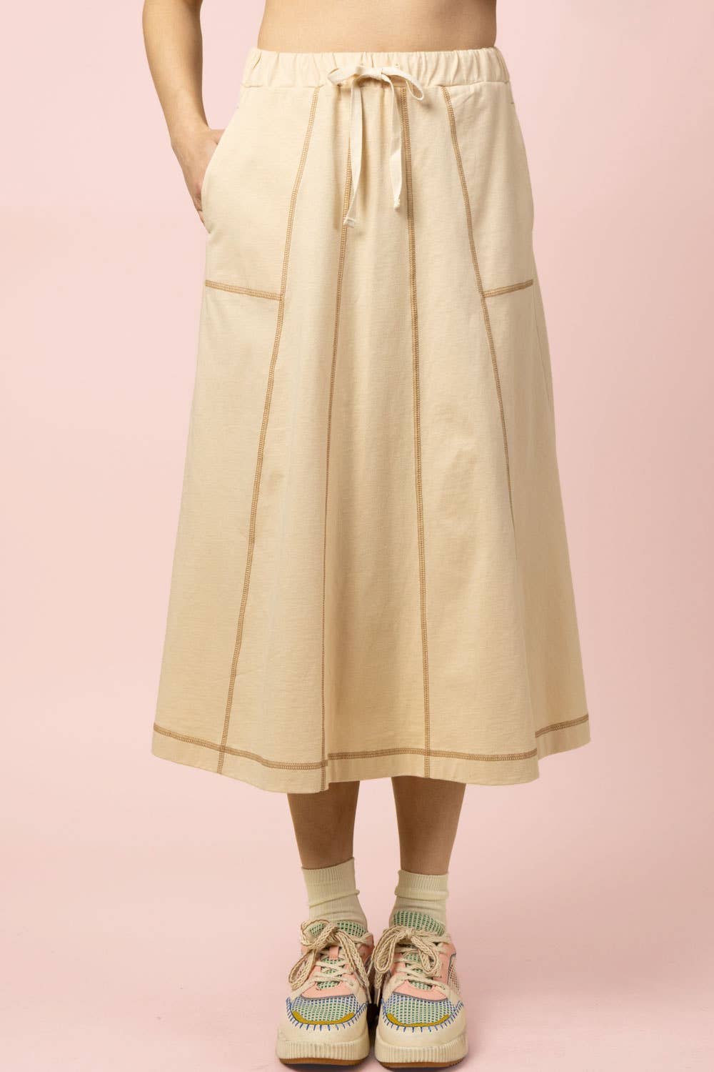 NS50213-Stitch Detail Casual Knit Midi Skirt: TOBACCO / S-M-L/2-2-2
