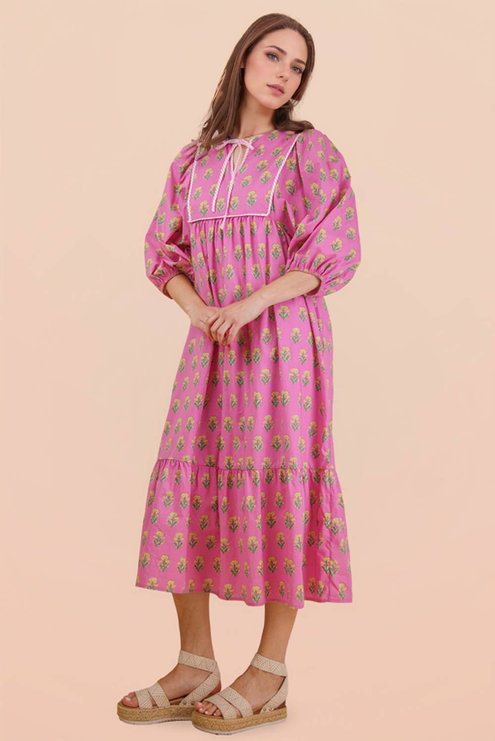 ND32007-Printed Half Sleeve Midi Dress: White mix / S-M-L/2-2-2