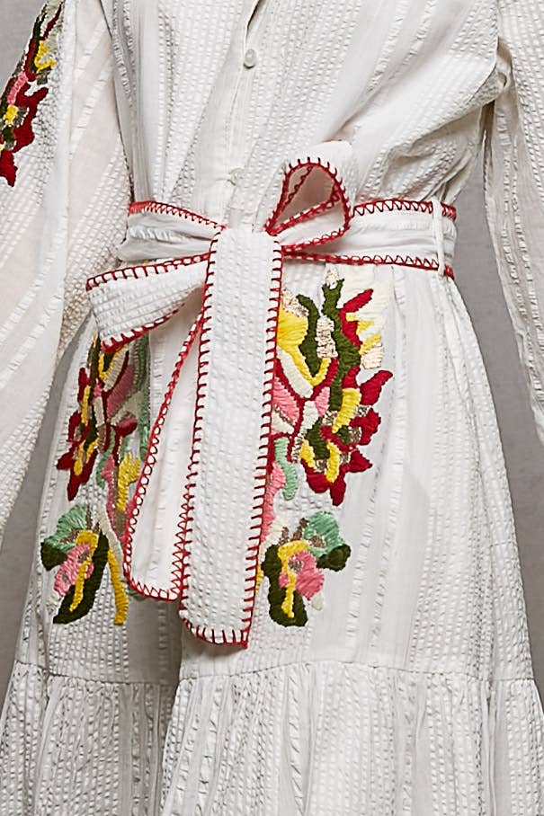 POL Embroidery Pintuck Belt Long Sleeve Roomy Fit Dress OFF WHITE