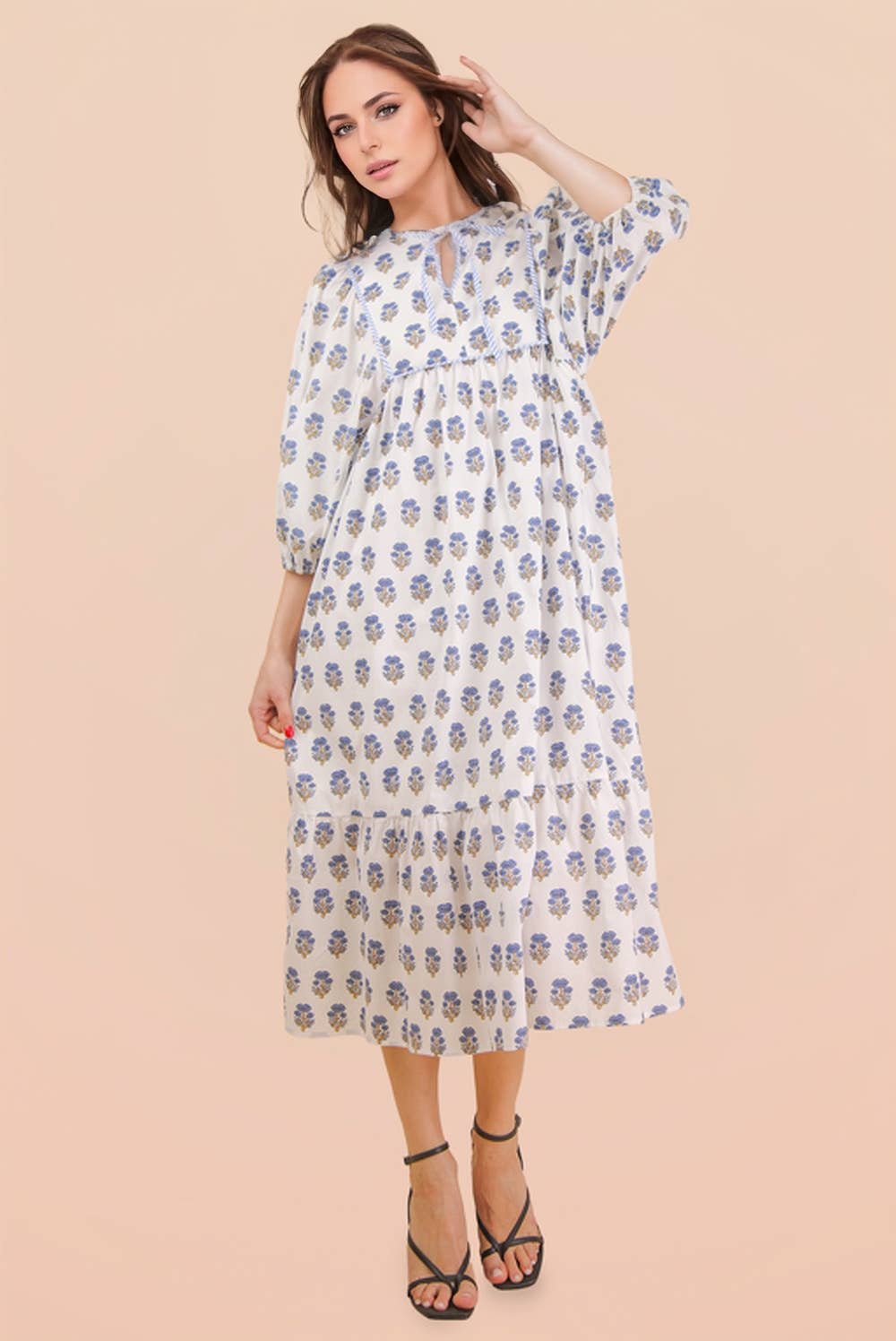 ND32007-Printed Half Sleeve Midi Dress: White mix / S-M-L/2-2-2