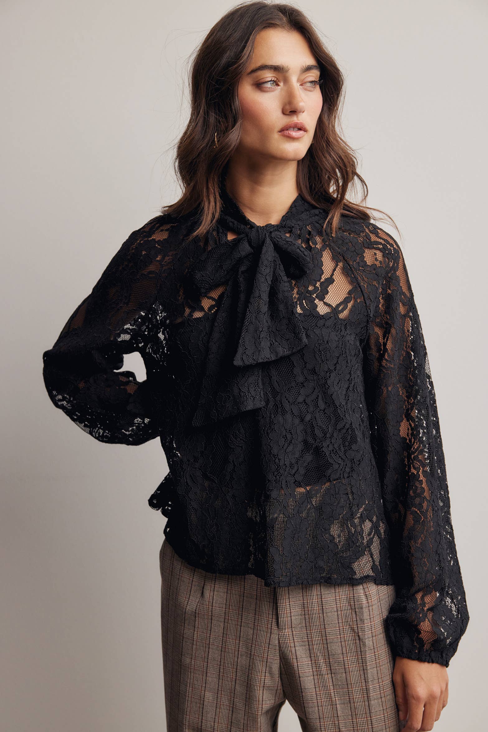 Sheer Lace Tie Neck Blouse Black