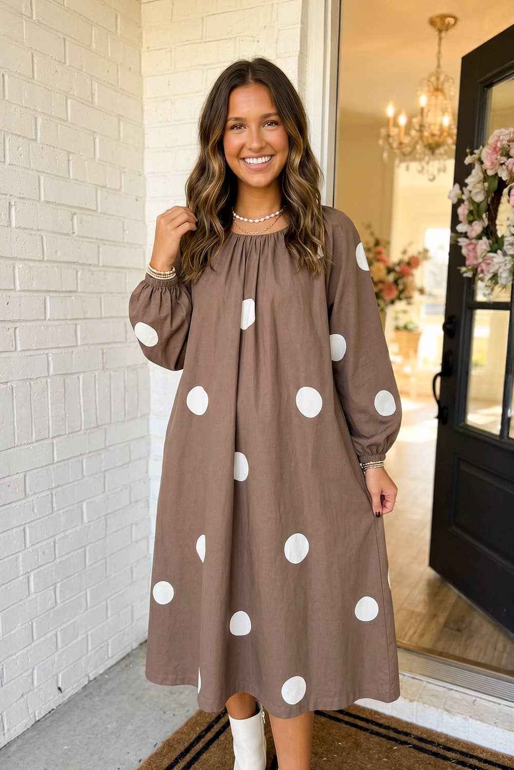 PRE ORDER Polka Dot Bow Knot Back Shift Midi Dress Brown (9/5)