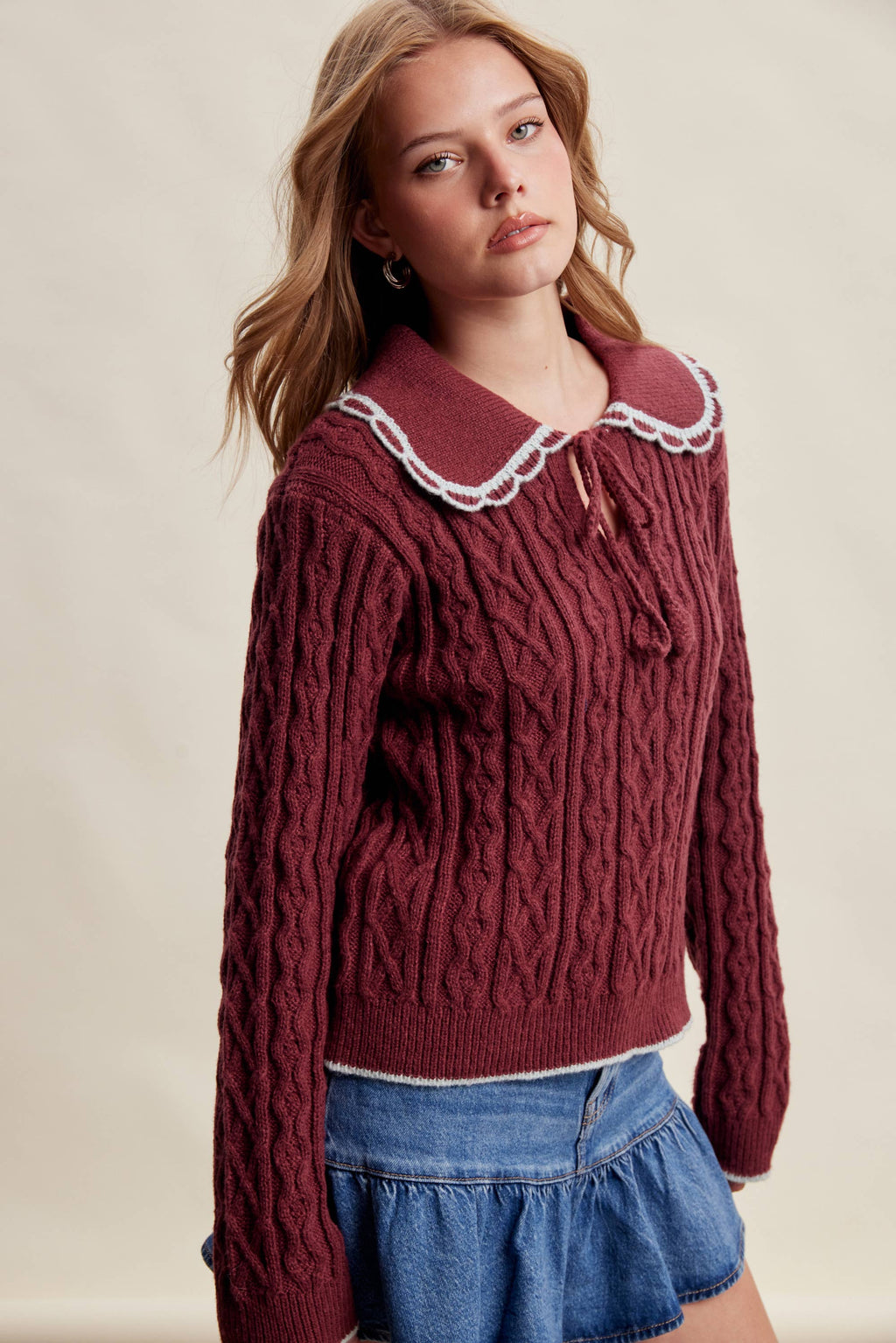 Scalloped Collar Cable Knit Sweater Sangria