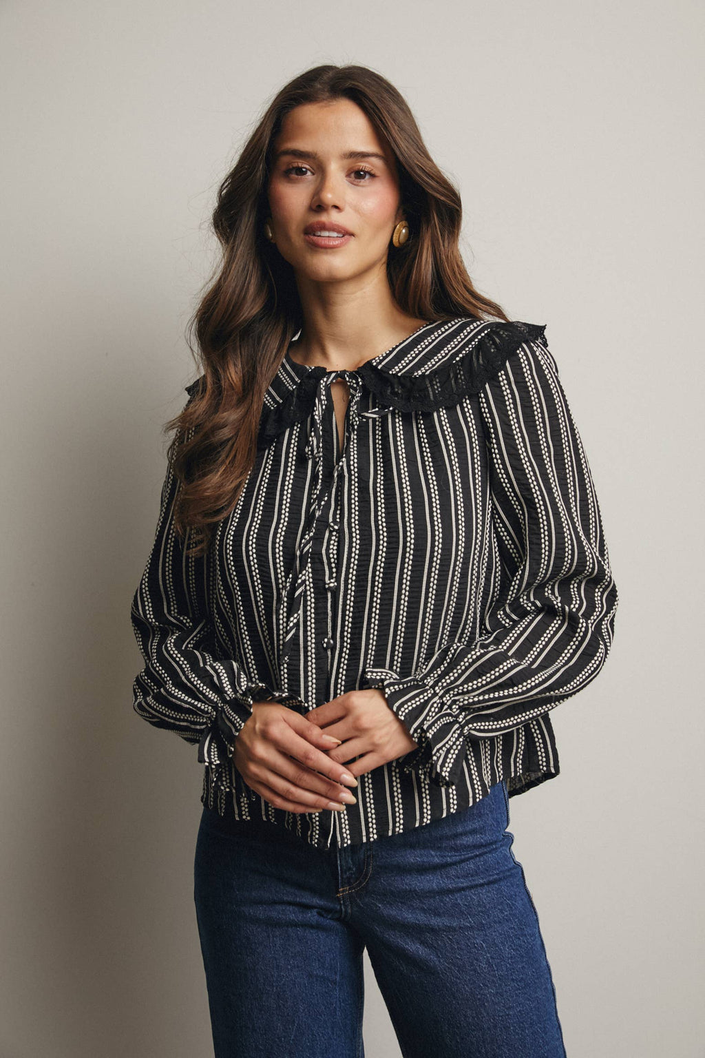 Black Embroidered Collar Textured Blouse