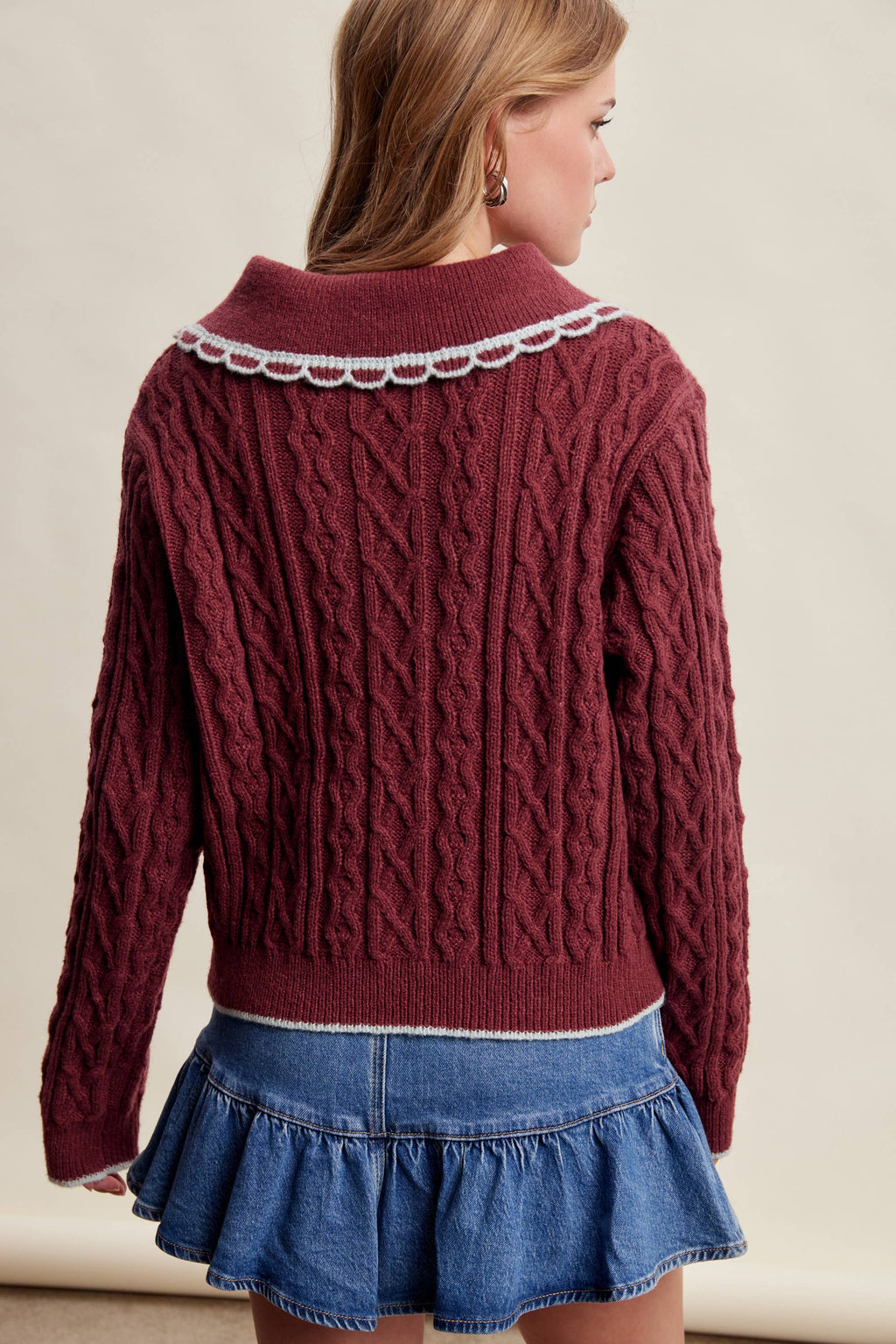 Scalloped Collar Cable Knit Sweater Sangria