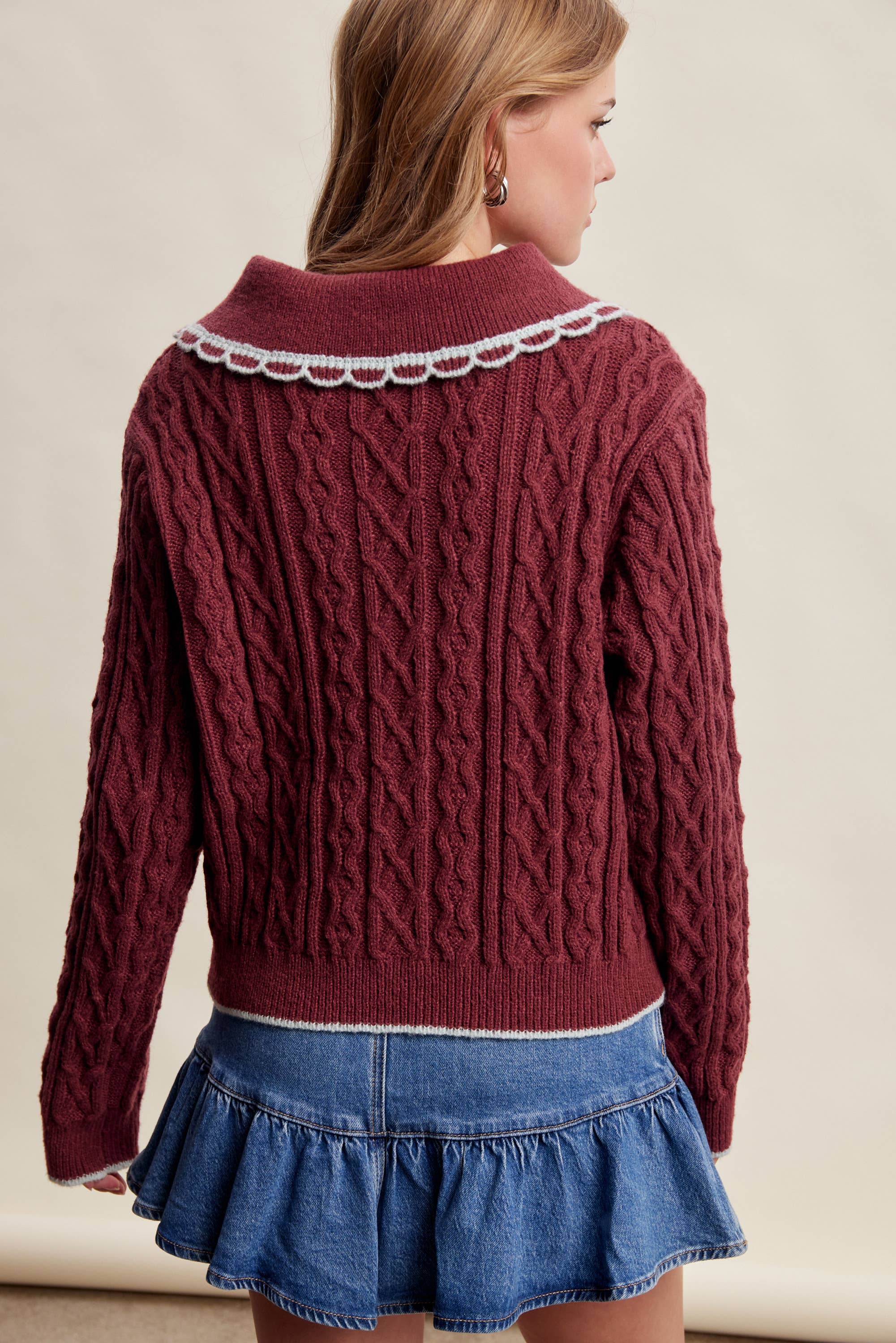Scalloped Collar Cable Knit Sweater Sangria