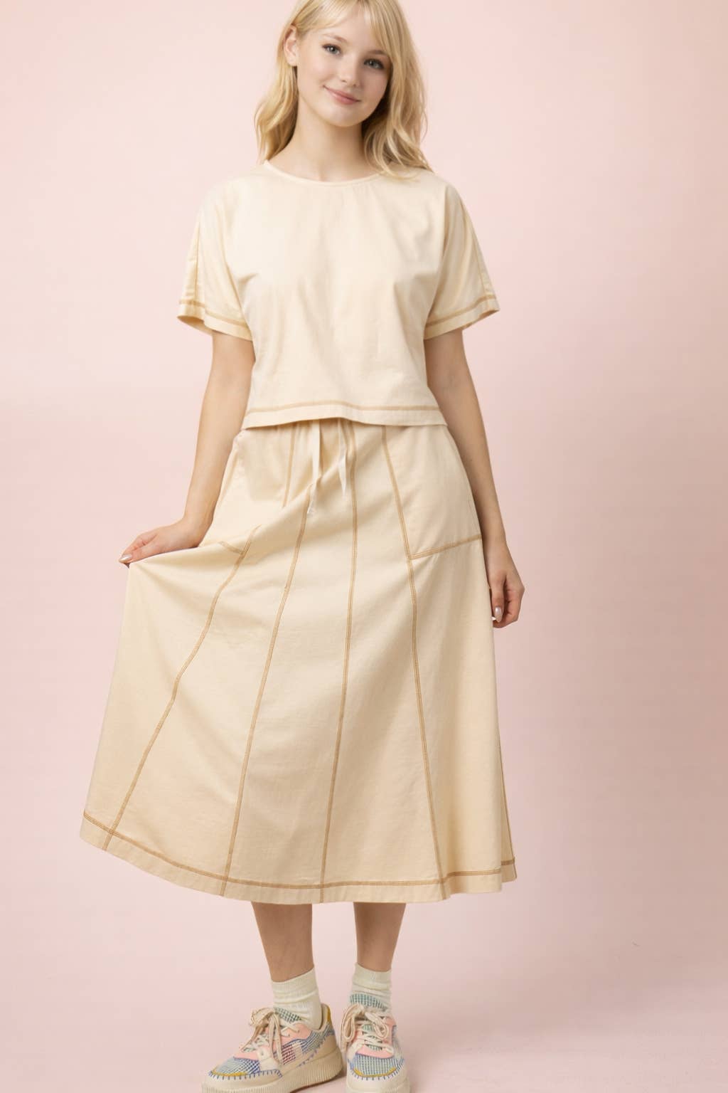 NS50213-Stitch Detail Casual Knit Midi Skirt: TOBACCO / S-M-L/2-2-2