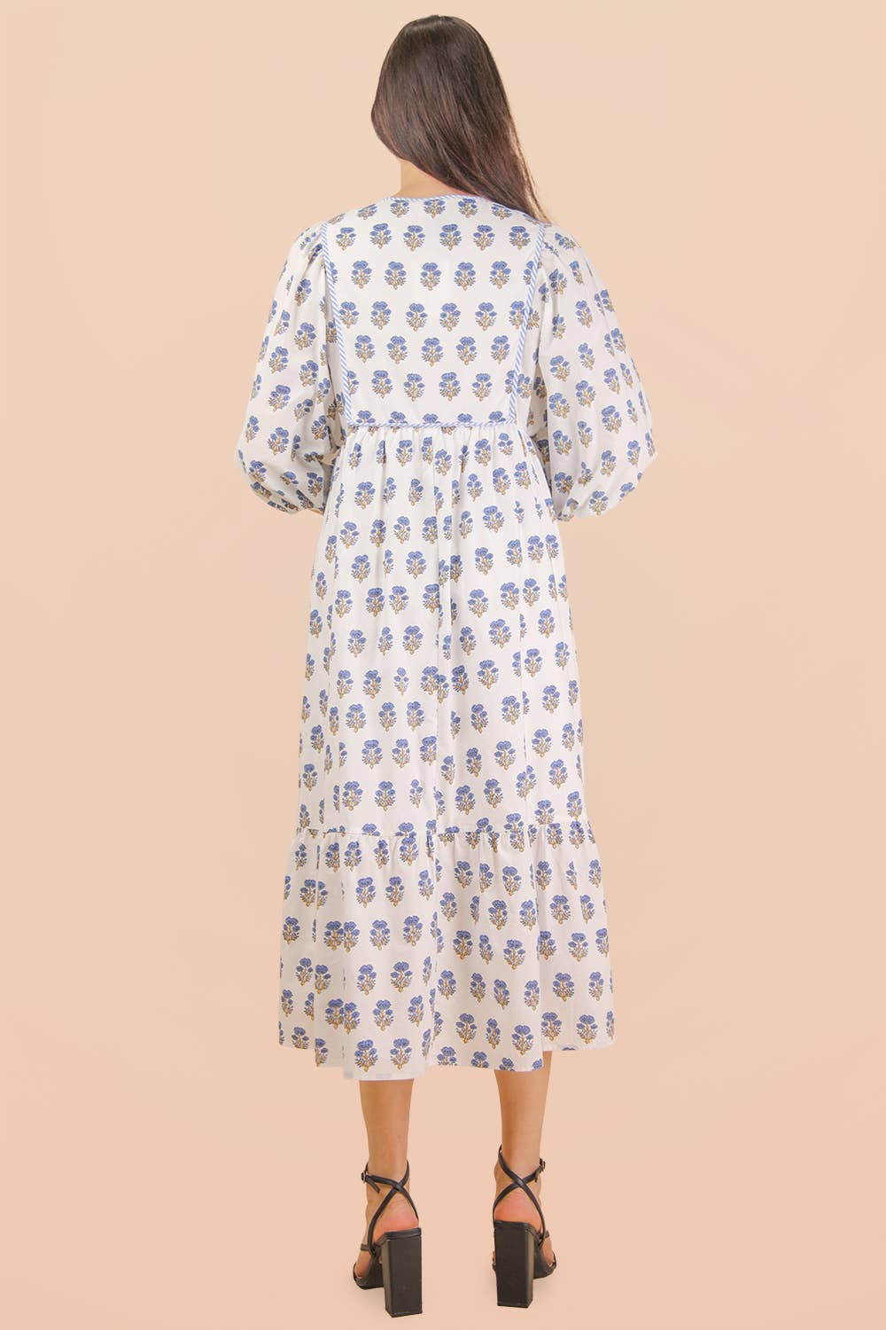 ND32007-Printed Half Sleeve Midi Dress: White mix / S-M-L/2-2-2