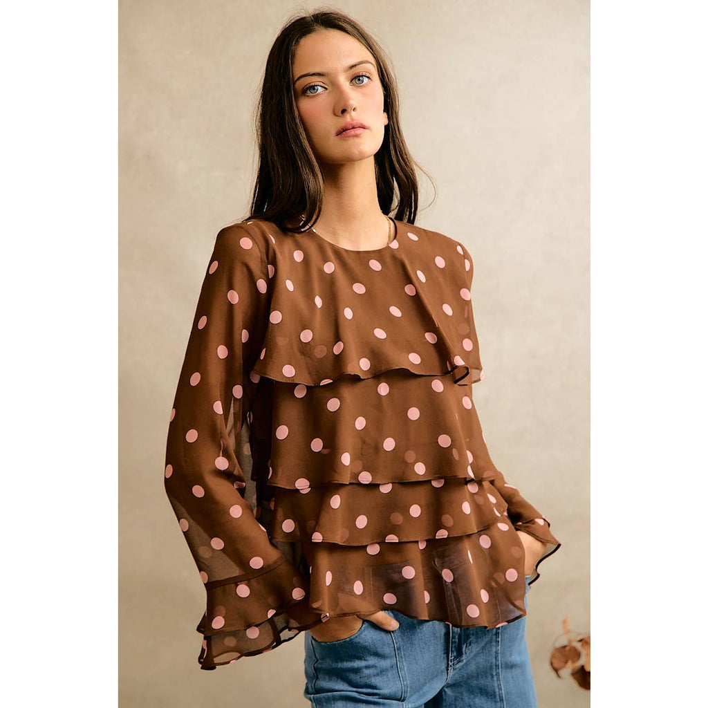 POLKA DOT PRINT RUFFLE BLOUSE: BROWN/PINK / S