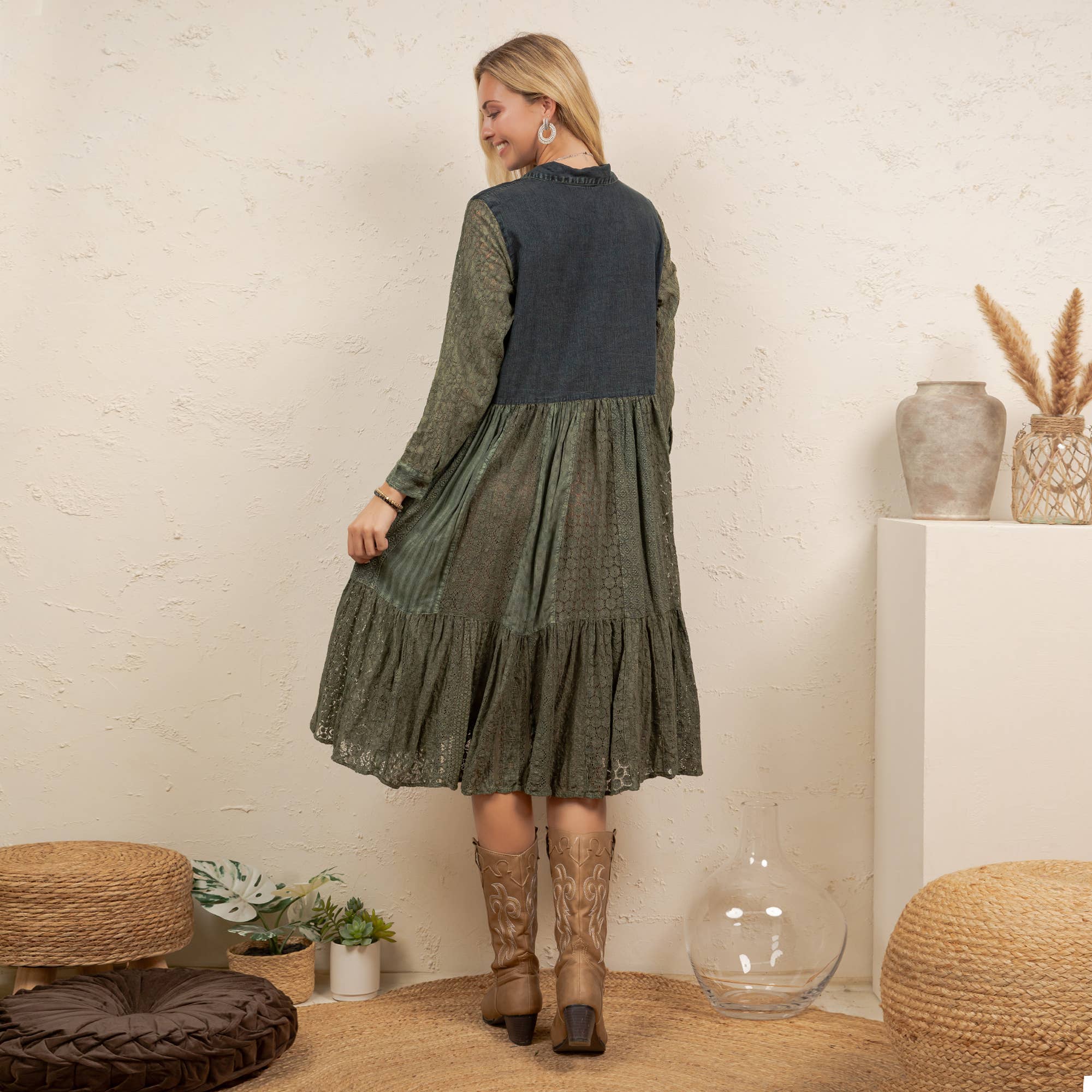 Vintage Bohemian Tiered Midi Dress - Boho Eyelet NEW: GRAVEL / REGULAR (S-M-L-XL 2-2-2-1)