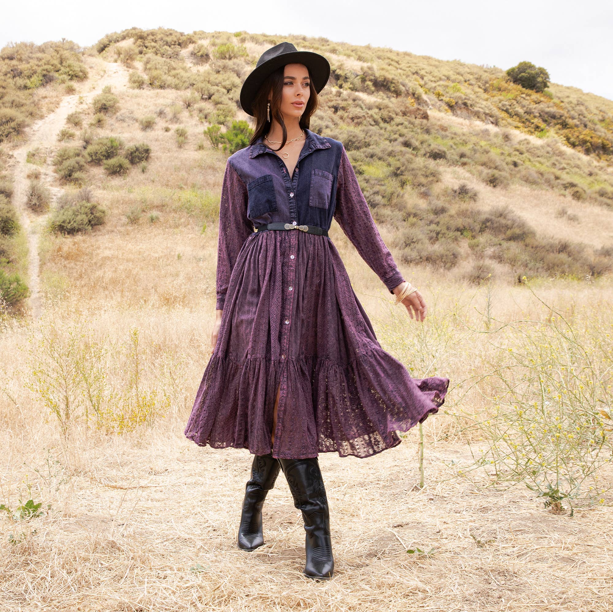 Vintage Bohemian Tiered Midi Dress - Boho Eyelet NEW: GRAVEL / REGULAR (S-M-L-XL 2-2-2-1)