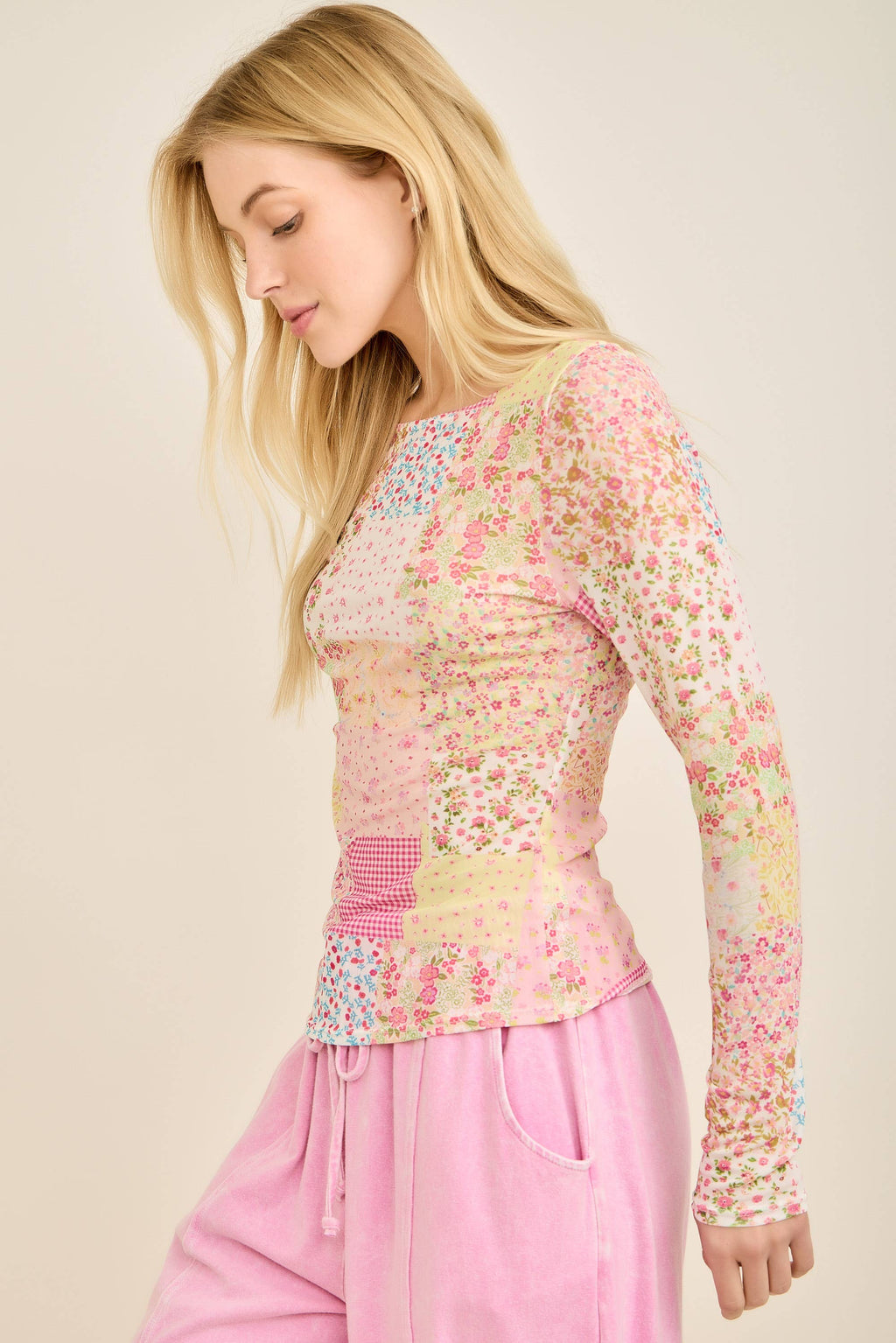 Spring Picnic Patch Mesh top HT7327: Pink Multi / S-M-L / 2-2-2