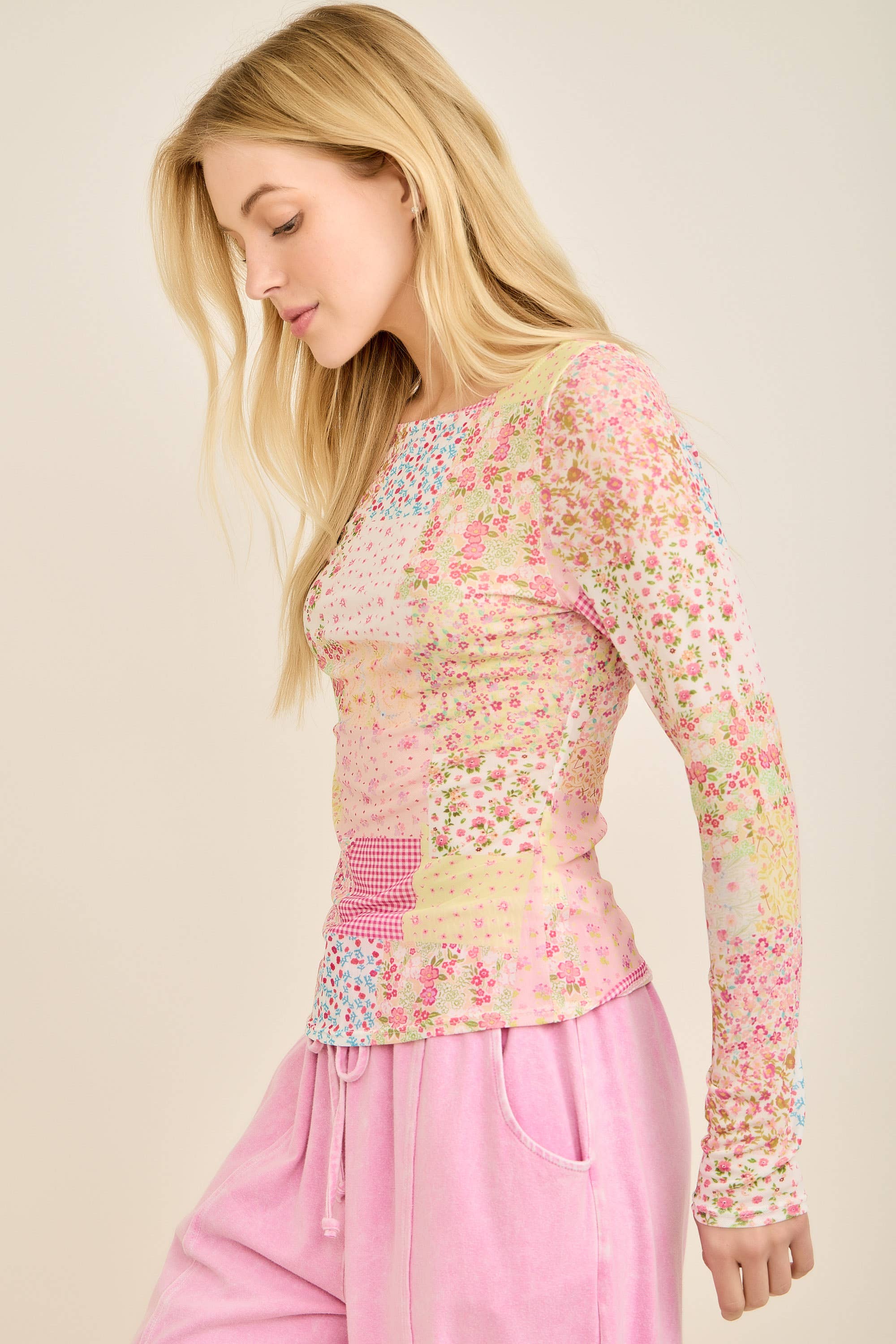 Spring Picnic Patch Mesh top HT7327: Pink Multi / S-M-L / 2-2-2