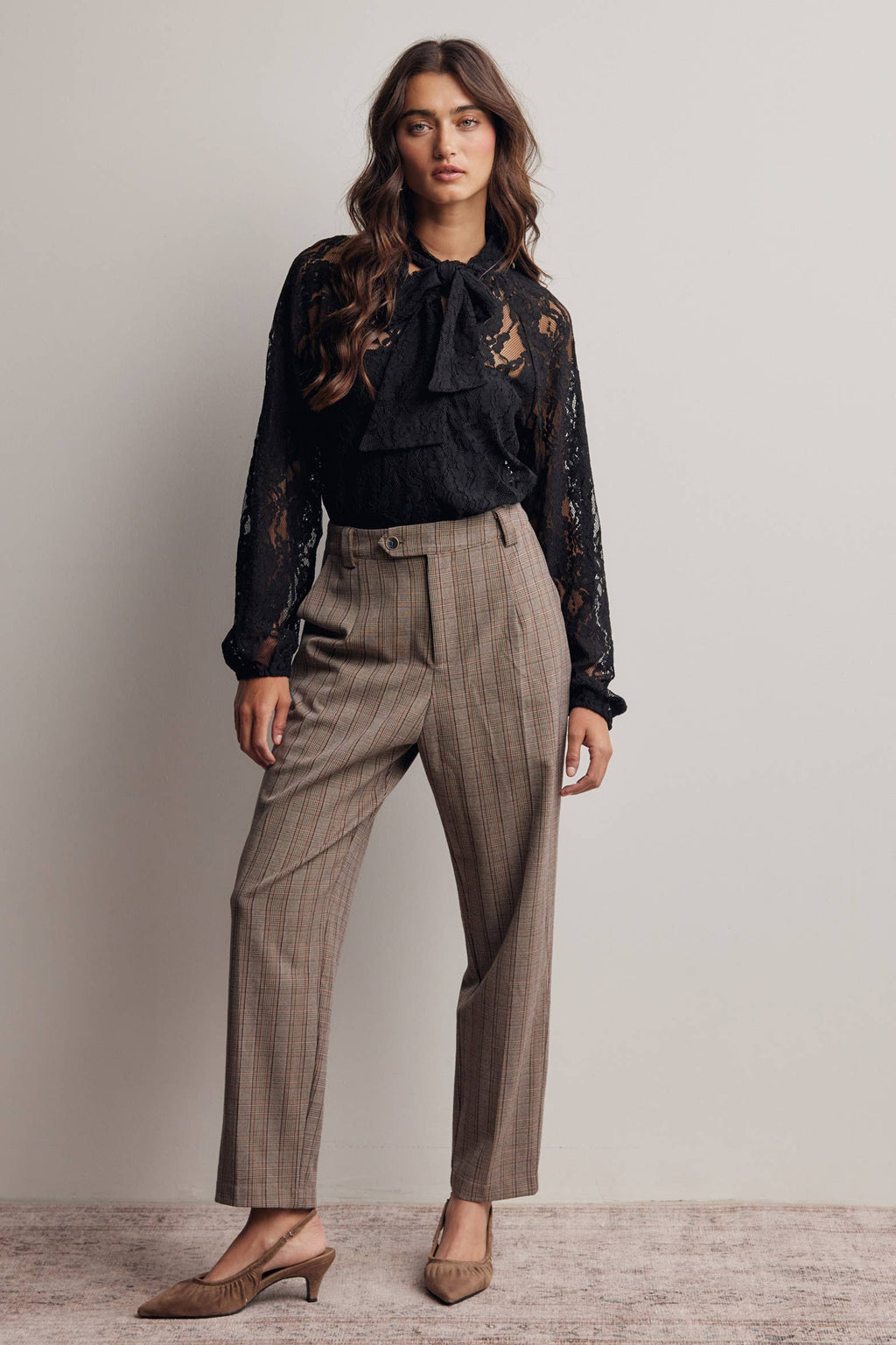 Sheer Lace Tie Neck Blouse Black