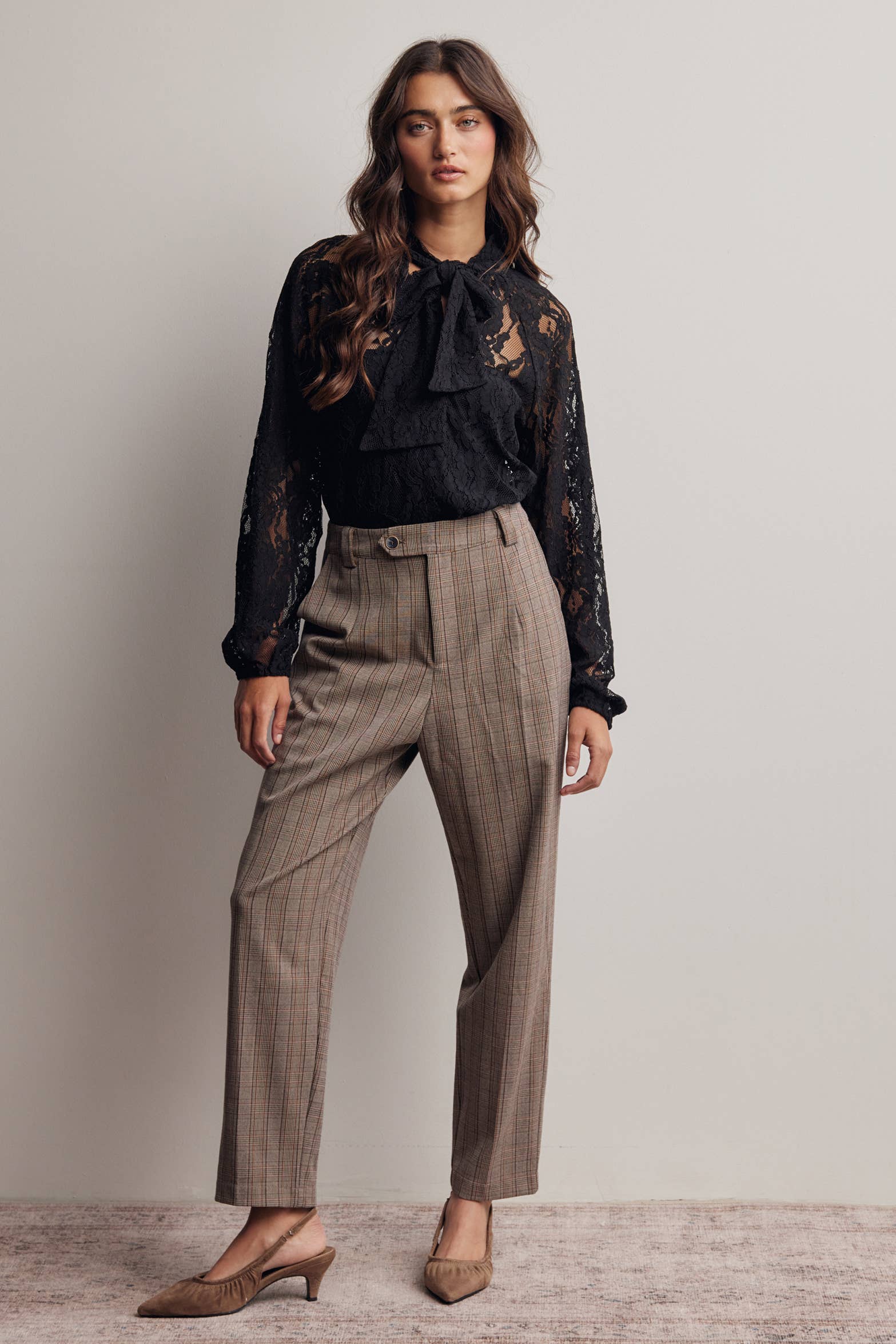 Sheer Lace Tie Neck Blouse Black