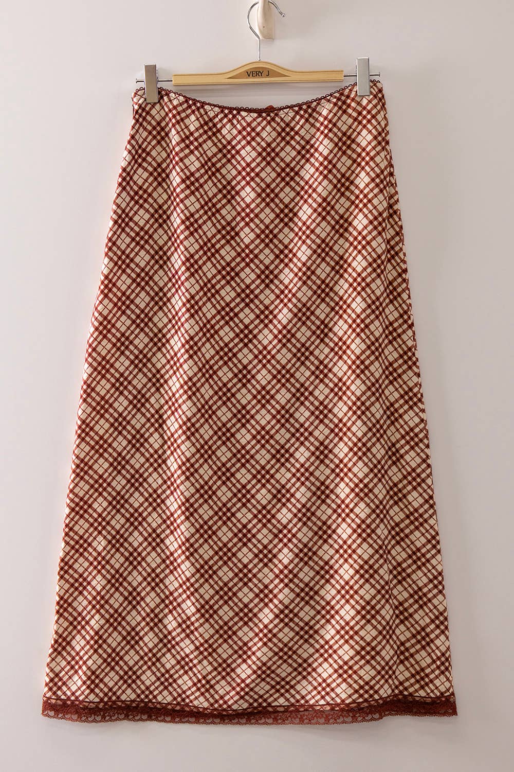 Plaid Midi Skirt with elastic waistband : RED MIX