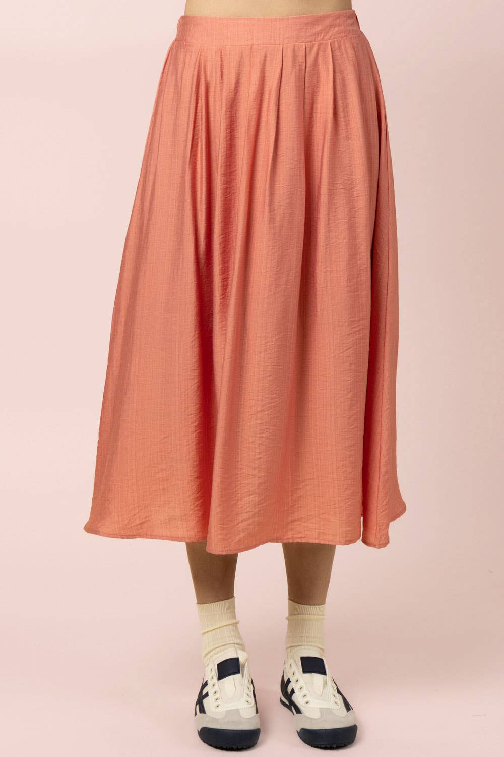 NT12643SET-Pleated Bubble Blouse Top & Midi Skirt Set: DENIM / S-M-L/2-2-2