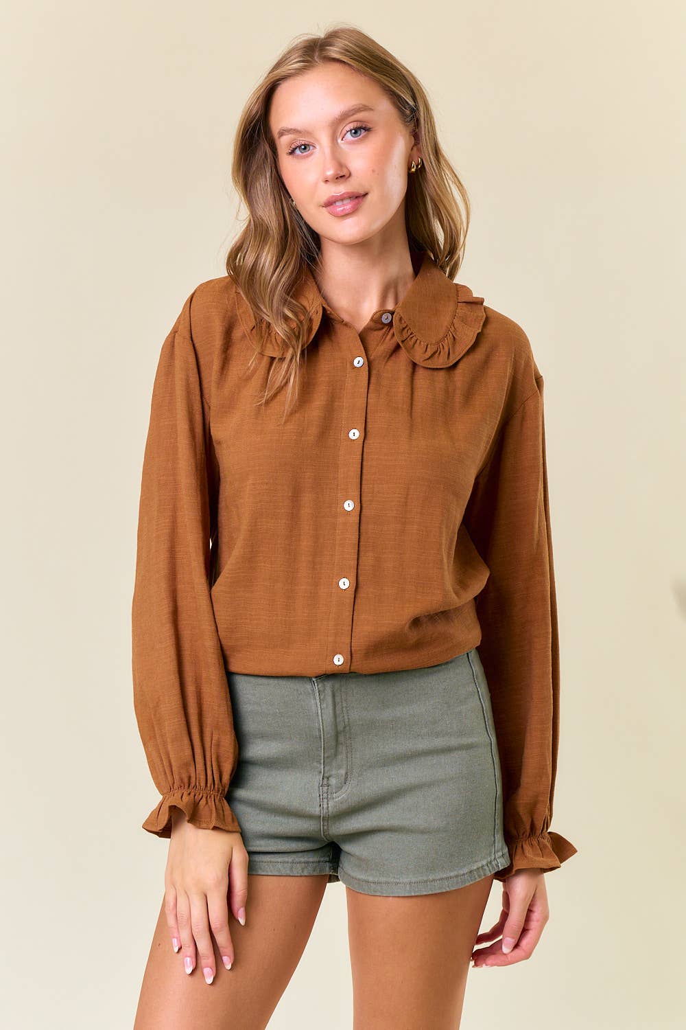 Ruffle Collar Drop Shoulder Oversized Blouse - 44661T: COFFEE / M