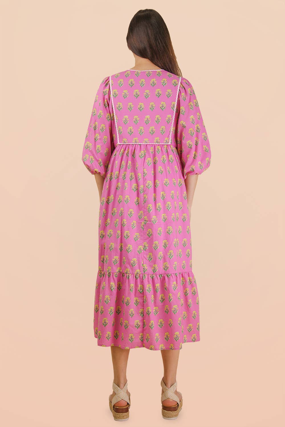 ND32007-Printed Half Sleeve Midi Dress: White mix / S-M-L/2-2-2