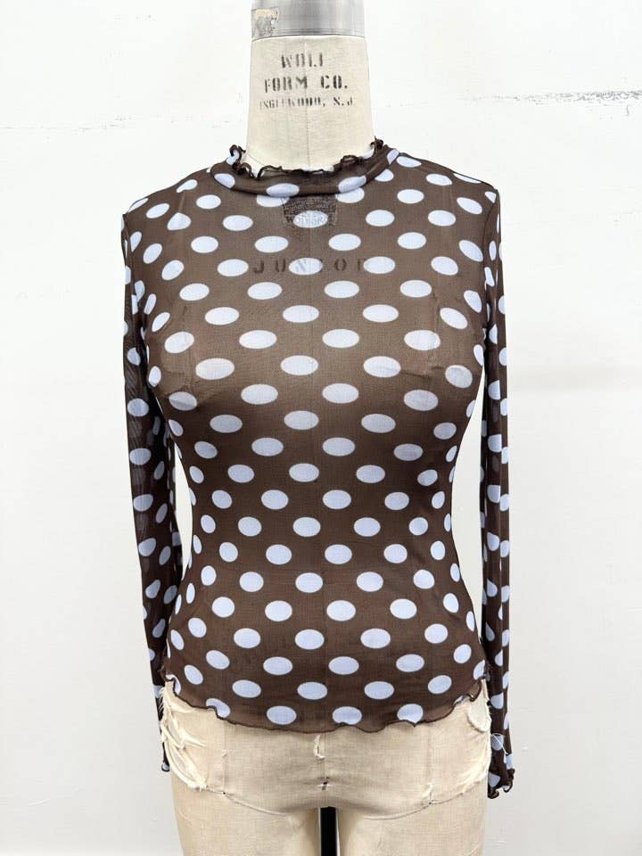 Polka Dot Mesh Lettuce Edge Top: Burgundy/ivory / M