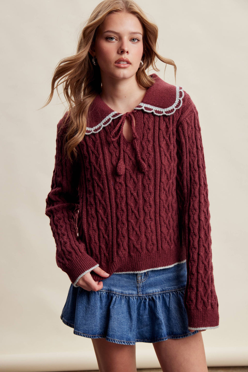Scalloped Collar Cable Knit Sweater Sangria