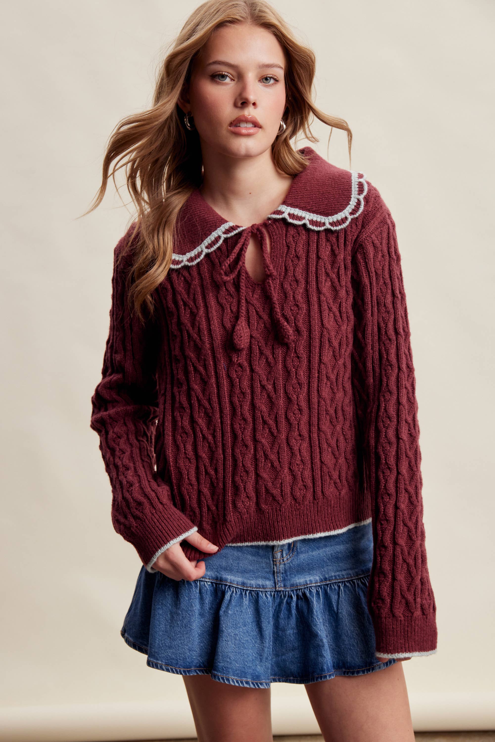Scalloped Collar Cable Knit Sweater Sangria