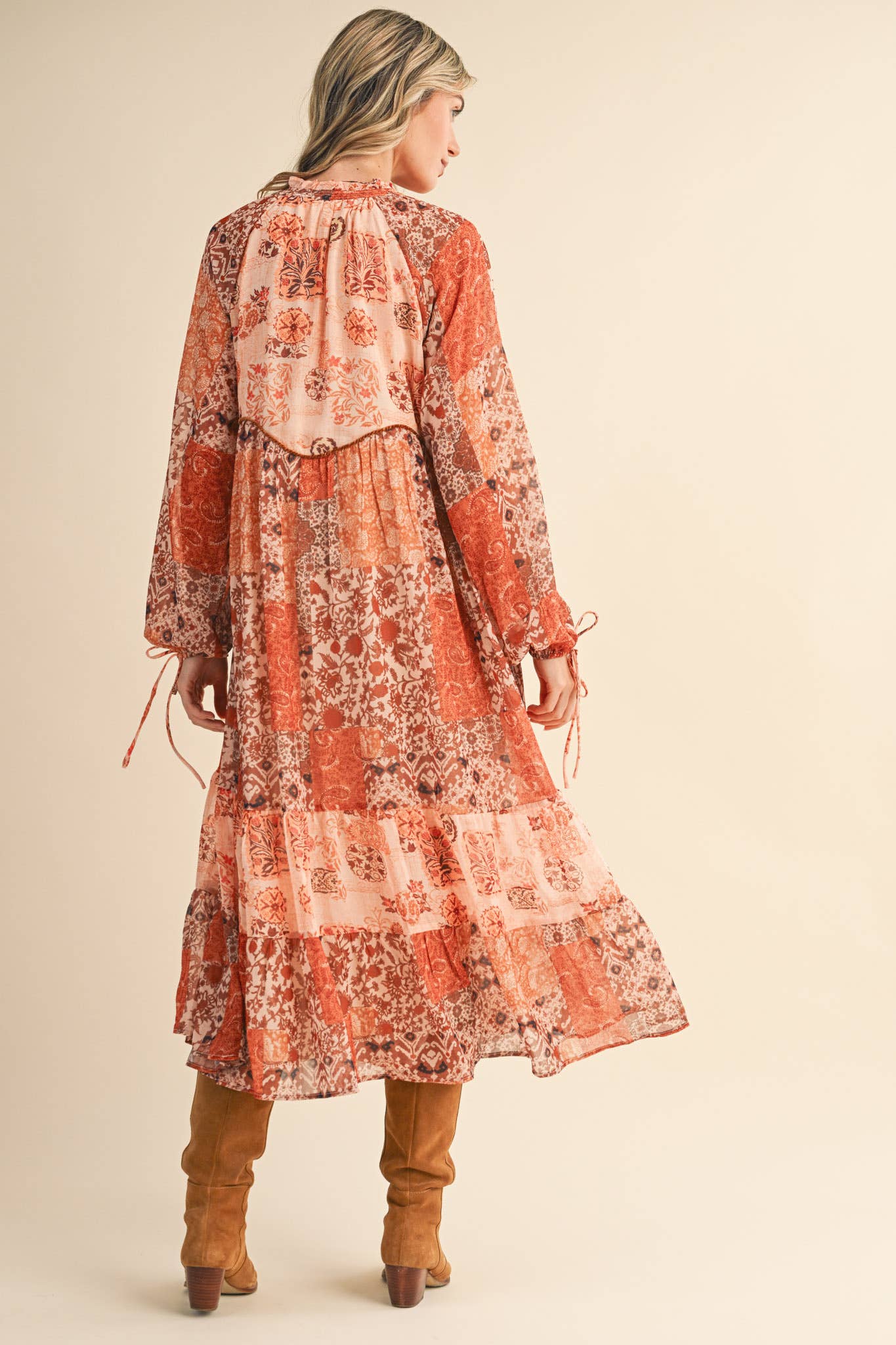 PATCHWORK PRINT MIDI DRESS RUST MULTI FLORAL