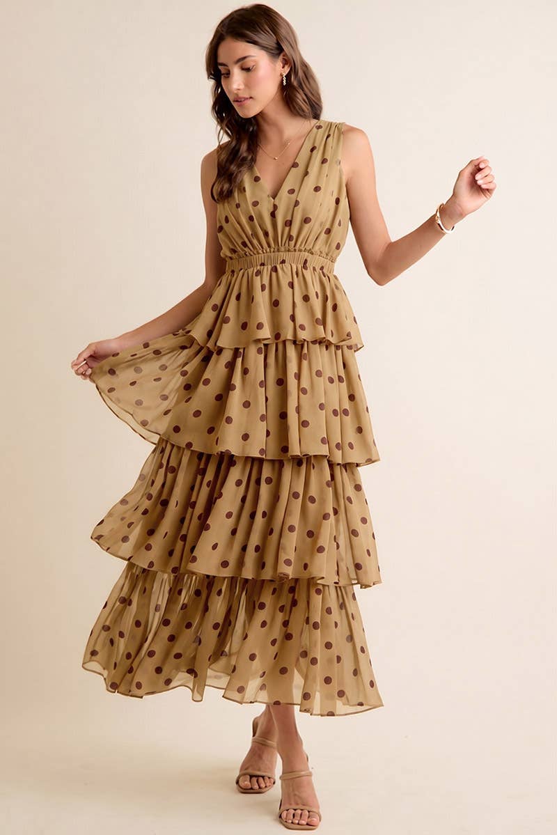 POLKA DOT CHIFFON TIERED MAXI LINED SLEEVELESS DRESS: BROWN/PINK / S
