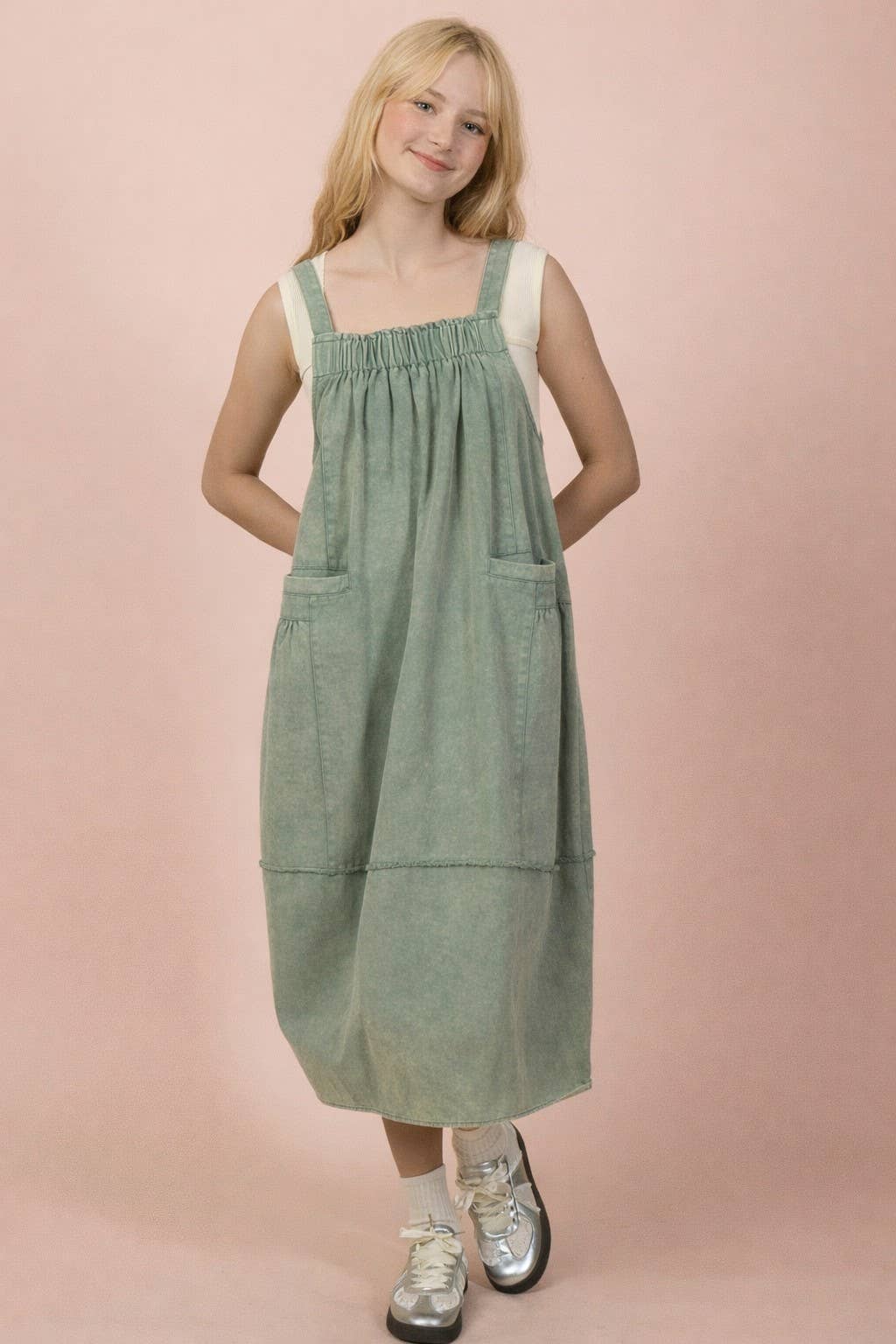 Sage Mineral Washed Denim Overall Casual Midi Dress