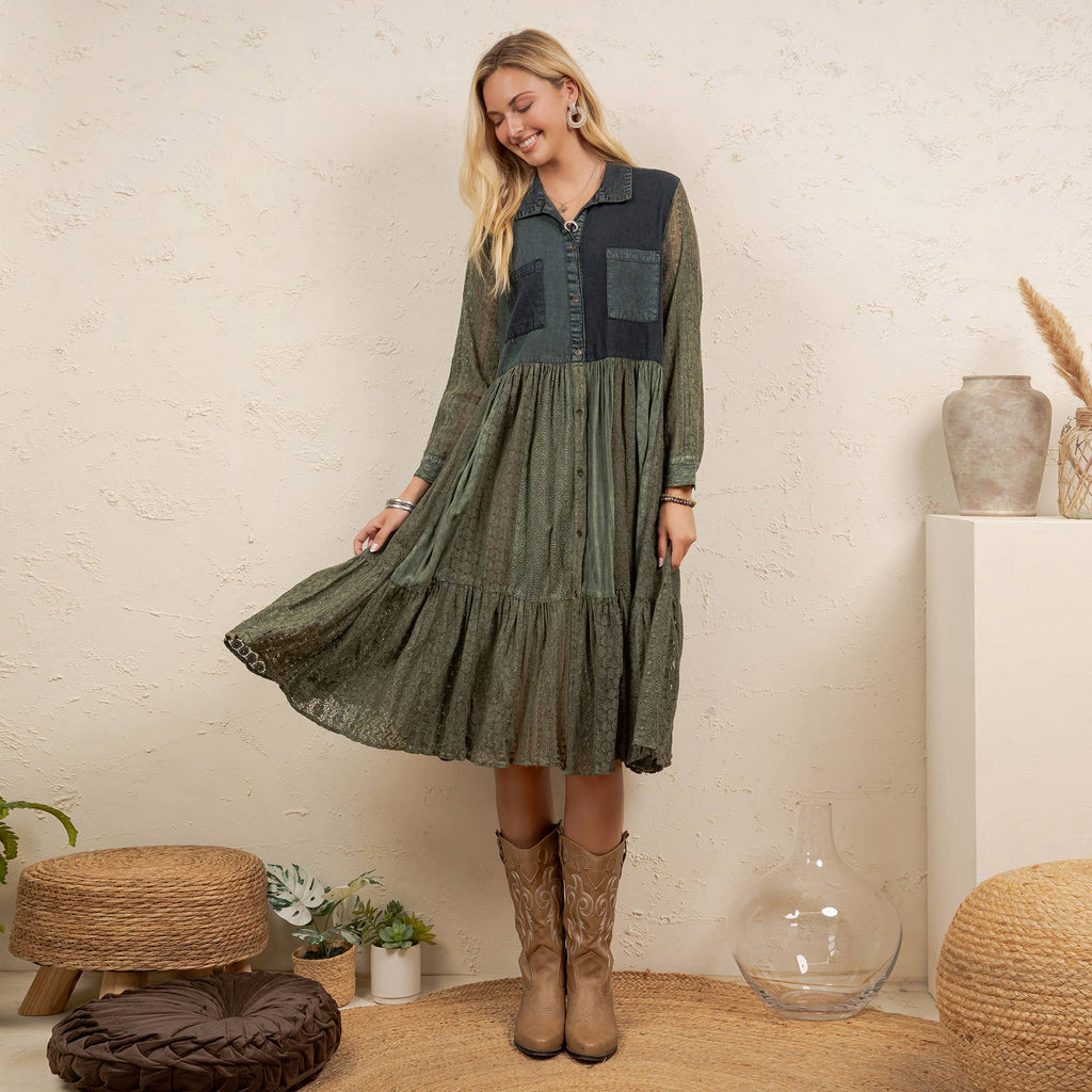 Vintage Bohemian Tiered Midi Dress - Boho Eyelet NEW: GRAVEL / REGULAR (S-M-L-XL 2-2-2-1)