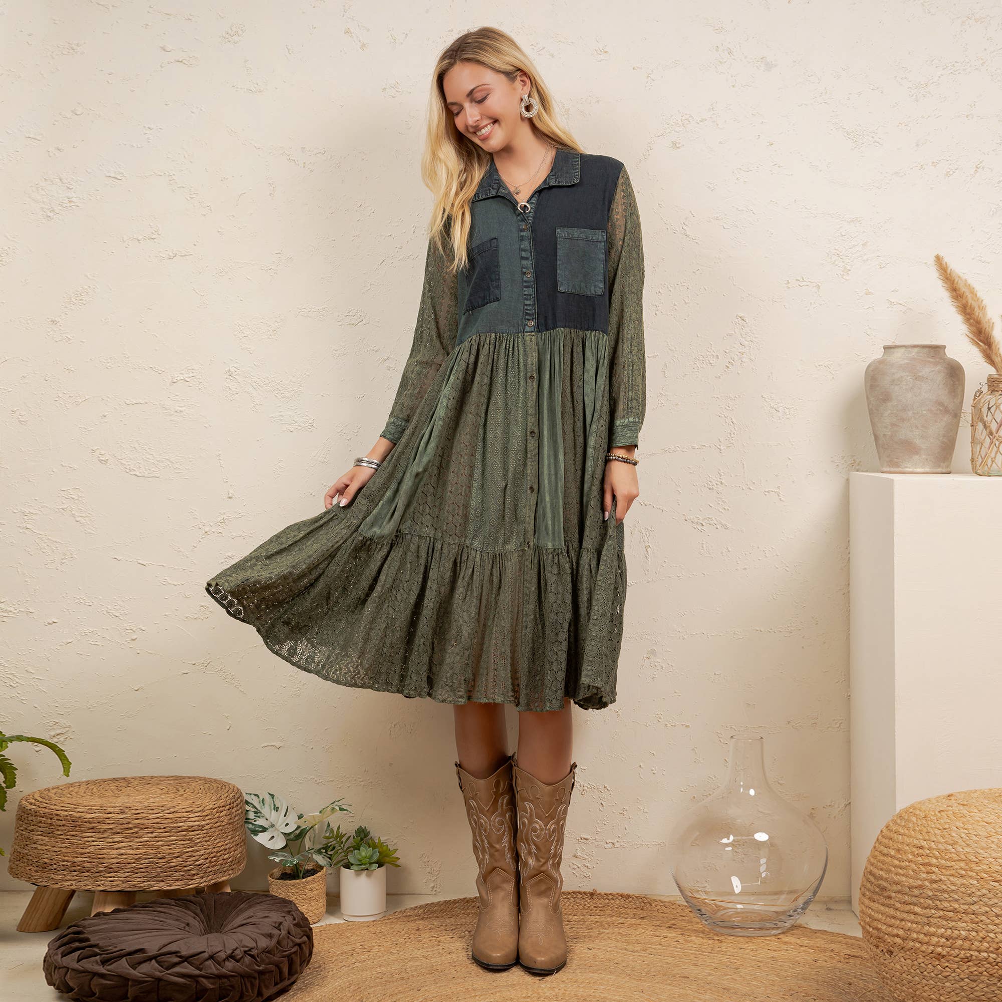 Vintage Bohemian Tiered Midi Dress - Boho Eyelet NEW: GRAVEL / REGULAR (S-M-L-XL 2-2-2-1)