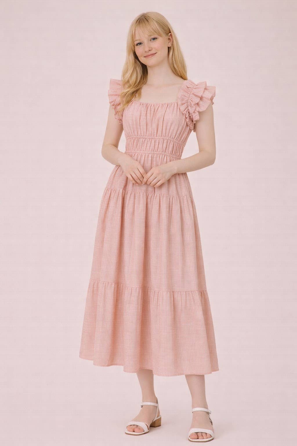 ND32033-Shoulder Ruffle Detail Stripe Midi Dress: GREEN / S-M-L/2-2-2
