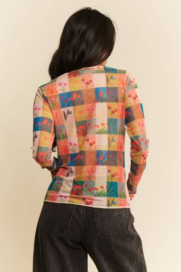Floral Checker Patchwork Print Mesh Long Sleeve Top Plus Size